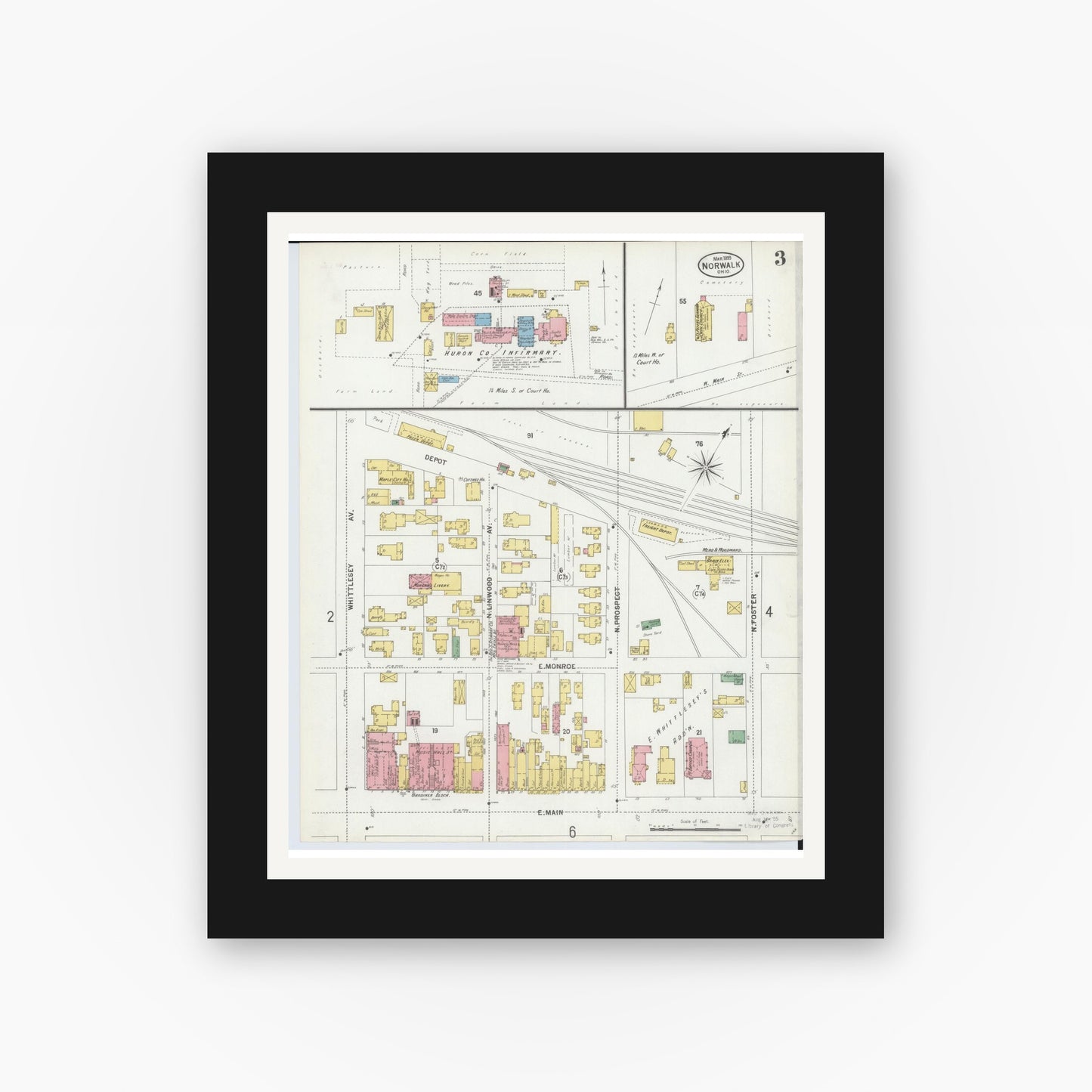 Old map wall art mockup — black gallery frame with white mat — Sanborn Fire Insurance Map from Norwalk, Huron County, Ohio (1899), Sheet #0003
