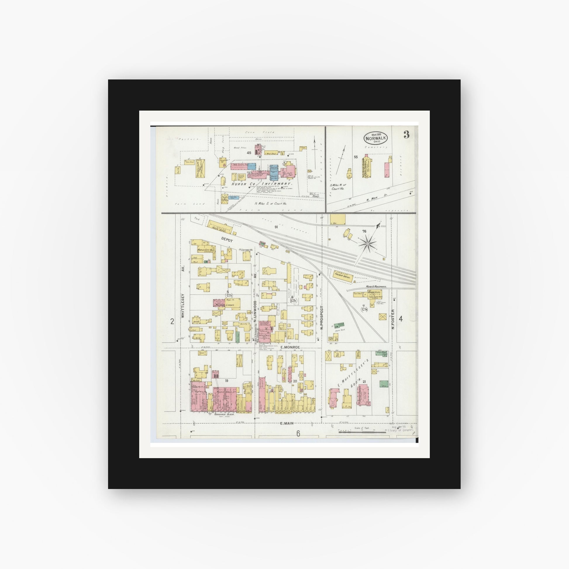 Old map wall art mockup — black gallery frame with white mat — Sanborn Fire Insurance Map from Norwalk, Huron County, Ohio (1899), Sheet #0003