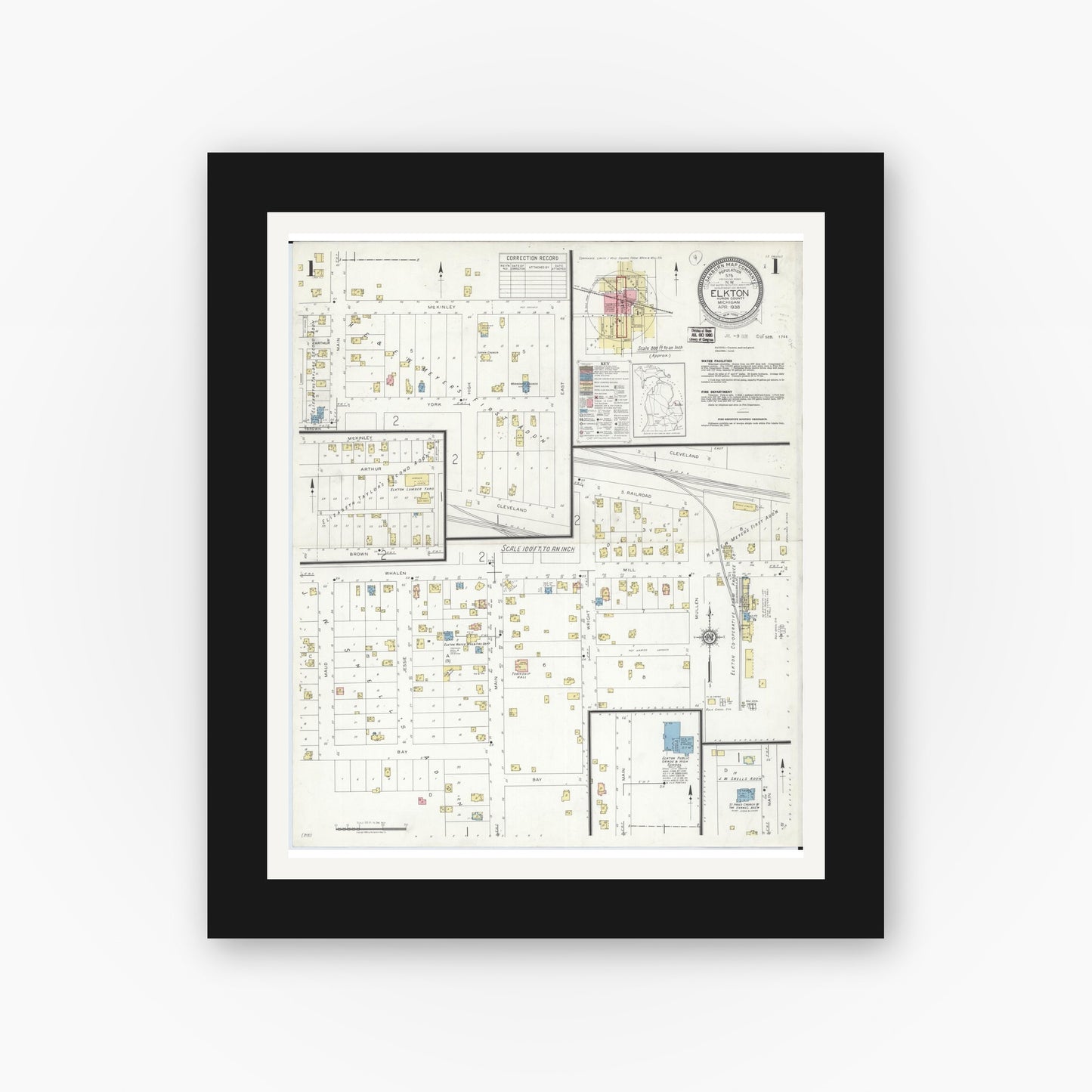 Old map wall art mockup — black gallery frame with white mat — Sanborn Fire Insurance Map from Elkton, Huron County, Michigan (1938) - Complete Map Set
