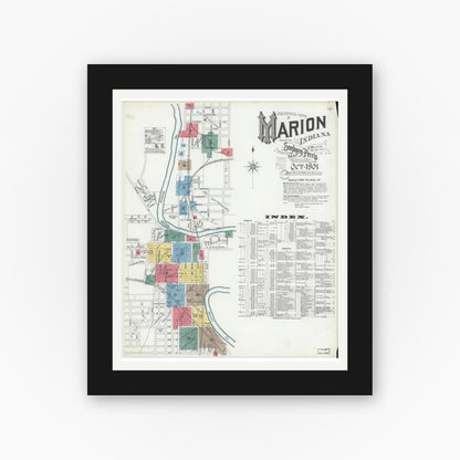 Old map wall art mockup — black gallery frame with white mat — Sanborn Fire Insurance Map from Marion, Grant County, Indiana (1901), Sheet #0001