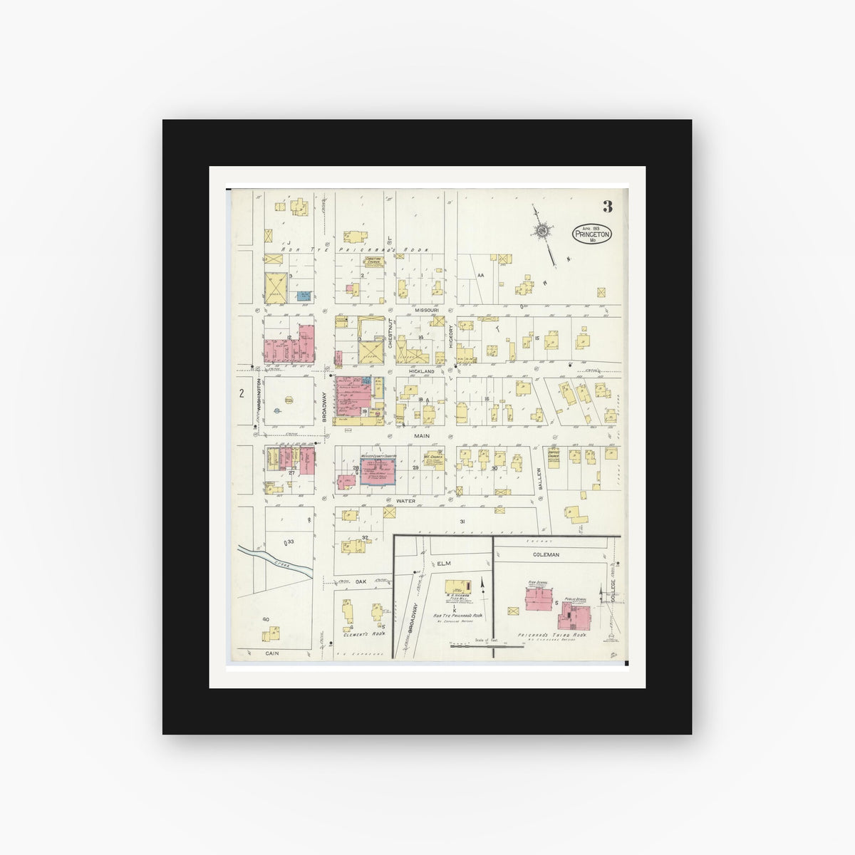 Old map wall art mockup — black gallery frame with white mat — Sanborn Fire Insurance Map from Princeton, Mercer County, Missouri (1913), Sheet #0003