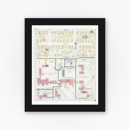 Old map wall art mockup — black gallery frame with white mat — Sanborn Fire Insurance Map from Adrian, Lenawee County, Michigan (1916), Sheet #0016