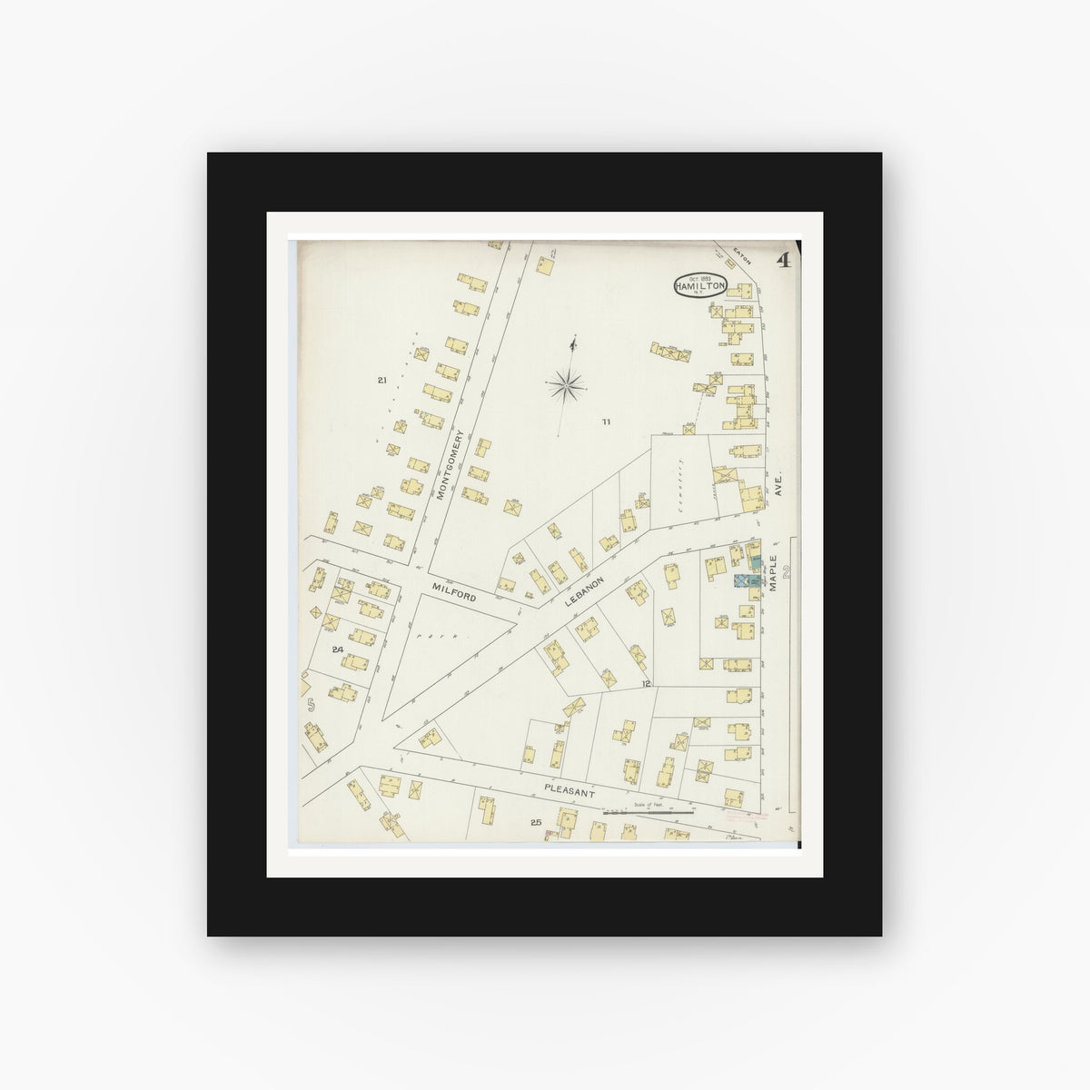 Old map wall art mockup — black gallery frame with white mat — Sanborn Fire Insurance Map from Hamilton, Madison County, New York (1893), Sheet #0004