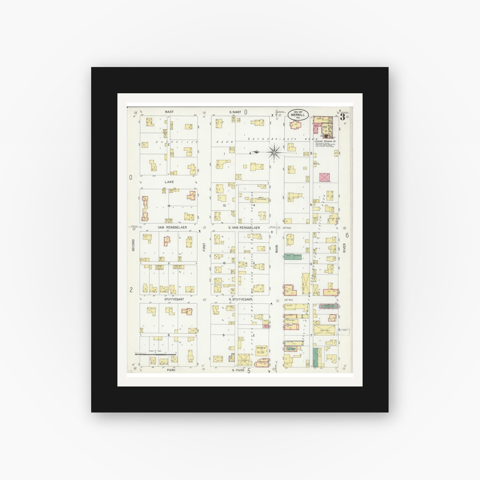 Old map wall art mockup — black gallery frame with white mat — Sanborn Fire Insurance Map from Merrill, Lincoln County, Wisconsin (1907), Sheet #0003