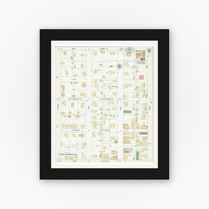 Old map wall art mockup — black gallery frame with white mat — Sanborn Fire Insurance Map from Merrill, Lincoln County, Wisconsin (1907), Sheet #0003