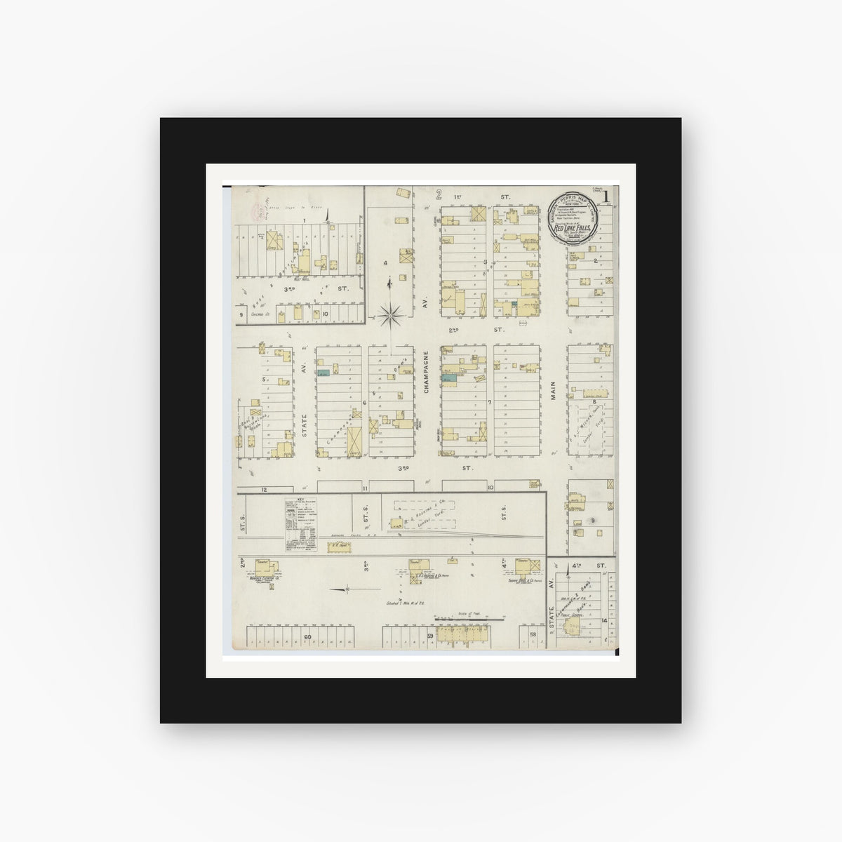 Old map wall art mockup — black gallery frame with white mat — Sanborn Fire Insurance Map from Red Lake Falls, Red Lake County, Minnesota (1894) - Complete Map Set