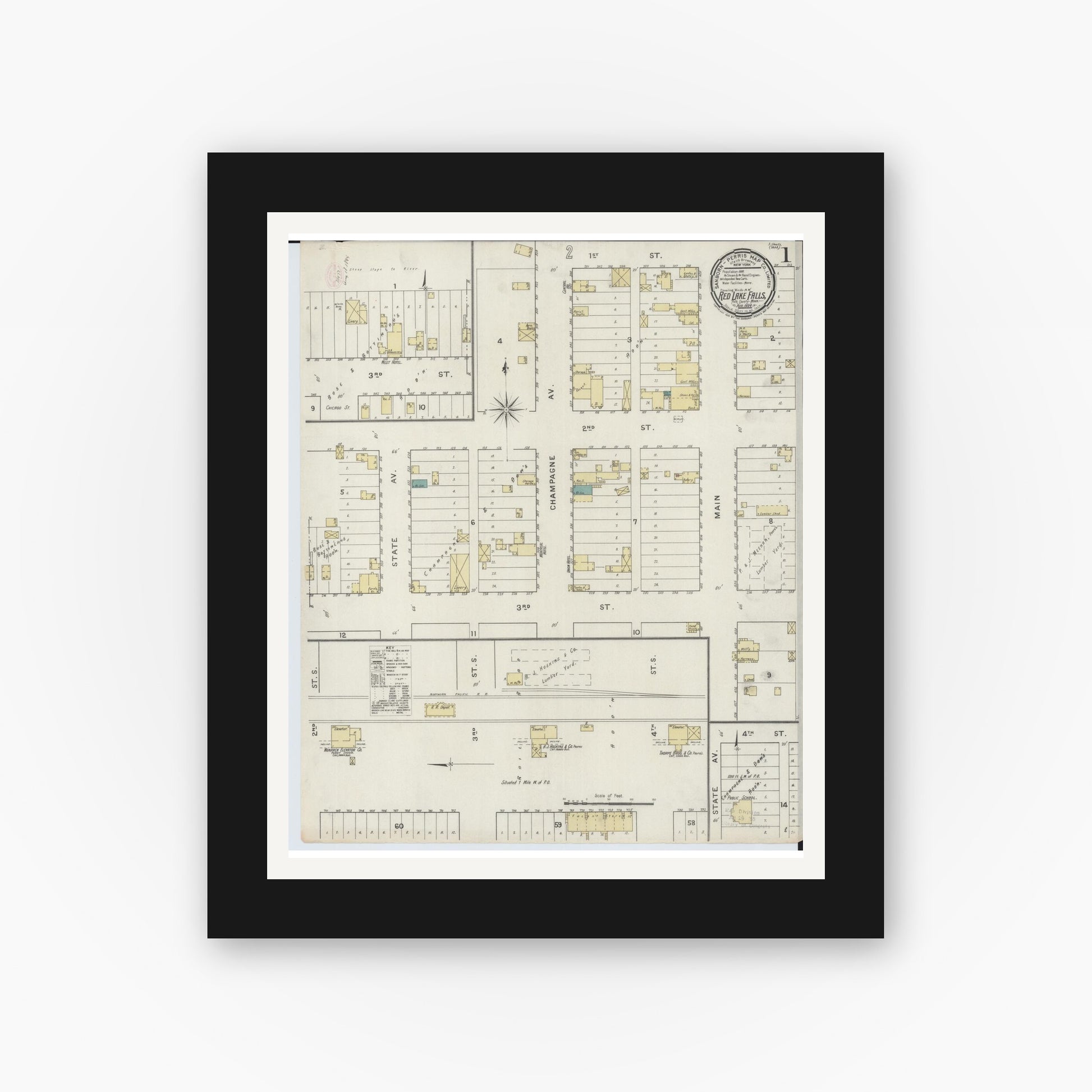 Old map wall art mockup — black gallery frame with white mat — Sanborn Fire Insurance Map from Red Lake Falls, Red Lake County, Minnesota (1894) - Complete Map Set