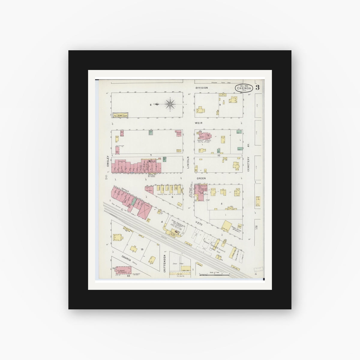 Old map wall art mockup — black gallery frame with white mat — Sanborn Fire Insurance Map from Chenoa, McLean County, Illinois (1894), Sheet #0003