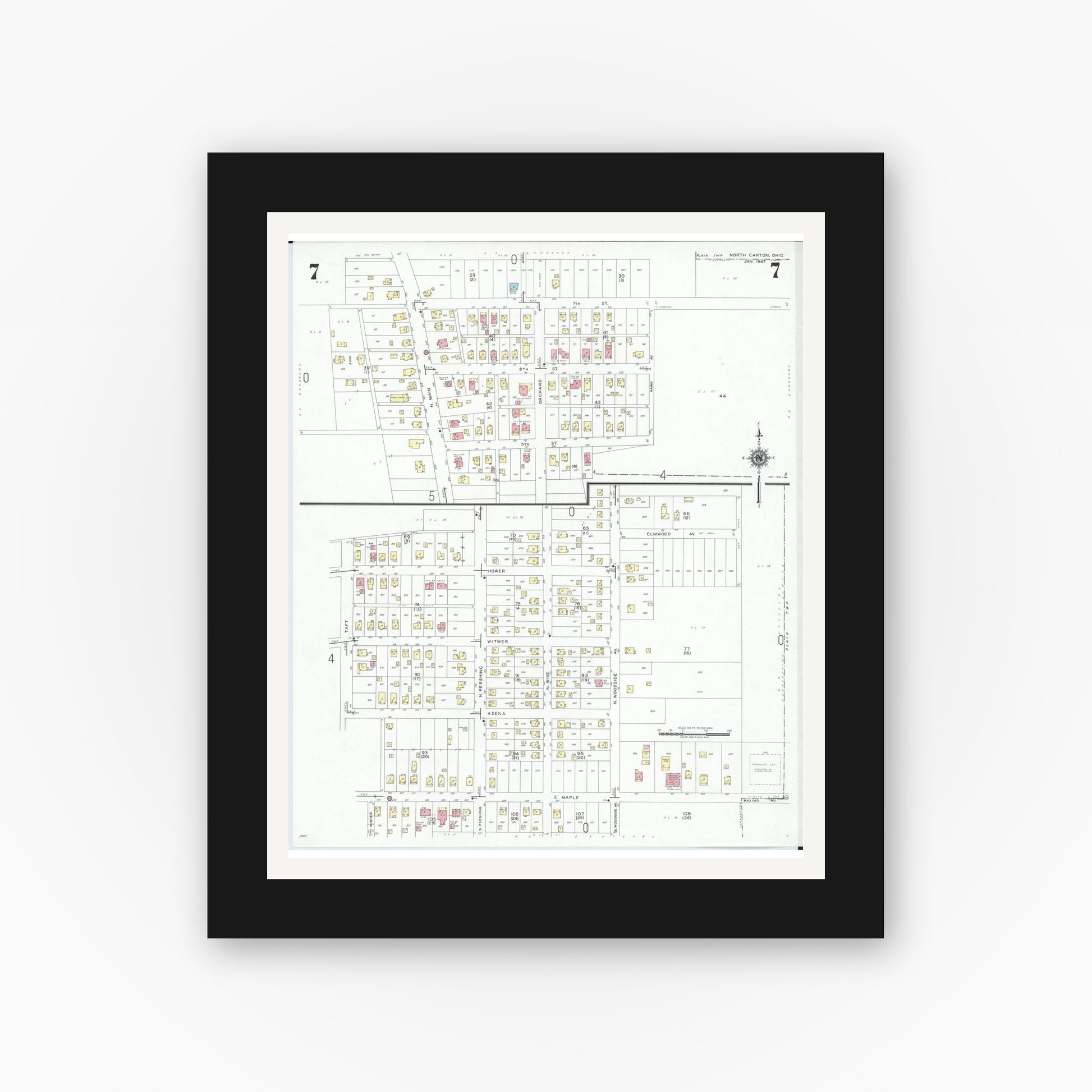 Old map wall art mockup — black gallery frame with white mat — Sanborn Fire Insurance Map from North Canton, Stark County, Ohio (1948), Sheet #0007