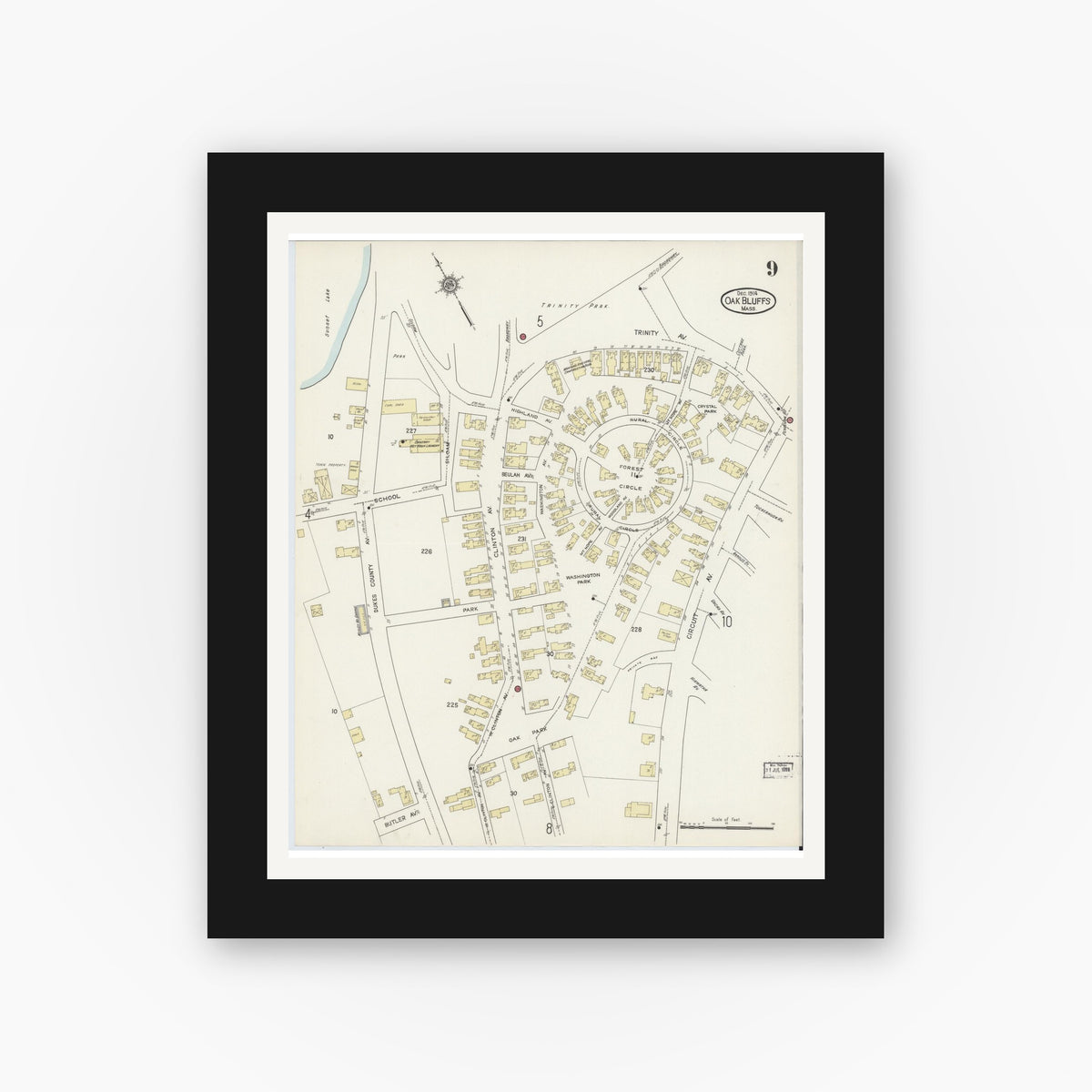 Old map wall art mockup — black gallery frame with white mat — Sanborn Fire Insurance Map from Oak Bluffs, Dukes County, Massachusetts (1914), Sheet #0009
