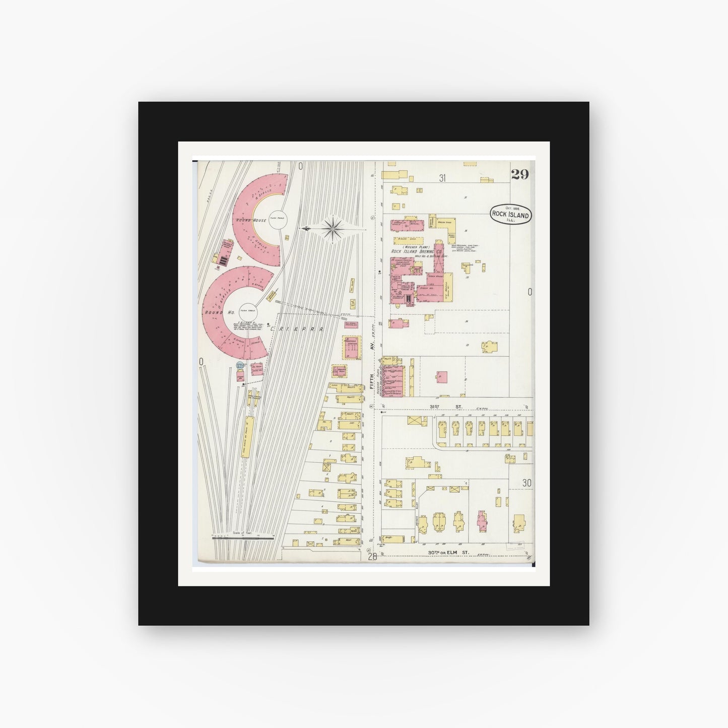 Old map wall art mockup — black gallery frame with white mat — Sanborn Fire Insurance Map from Rock Island, Rock Island County, Illinois (1898), Sheet #0029