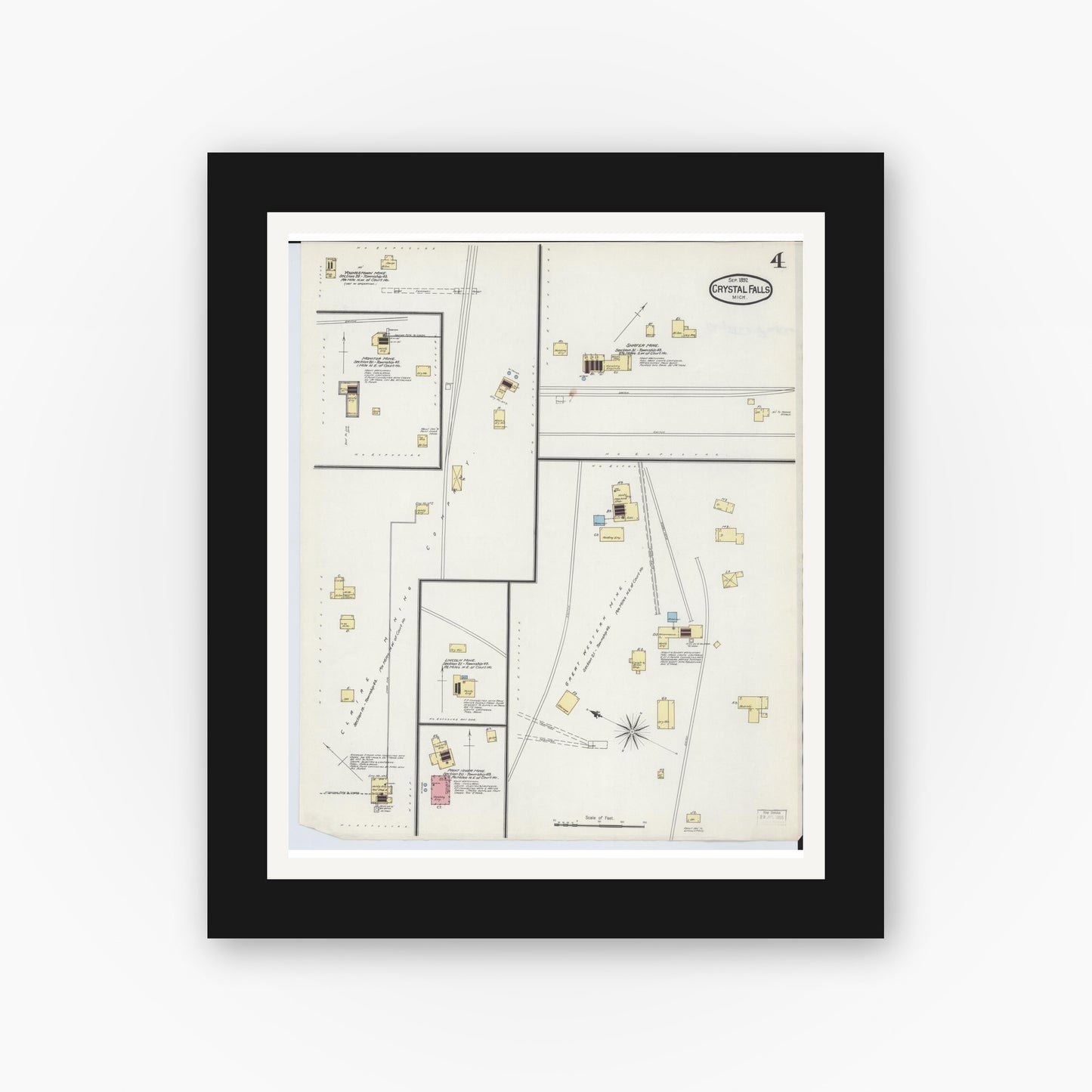 Old map wall art mockup — black gallery frame with white mat — Sanborn Fire Insurance Map from Crystal Falls, Iron County, Michigan (1892), Sheet #0004