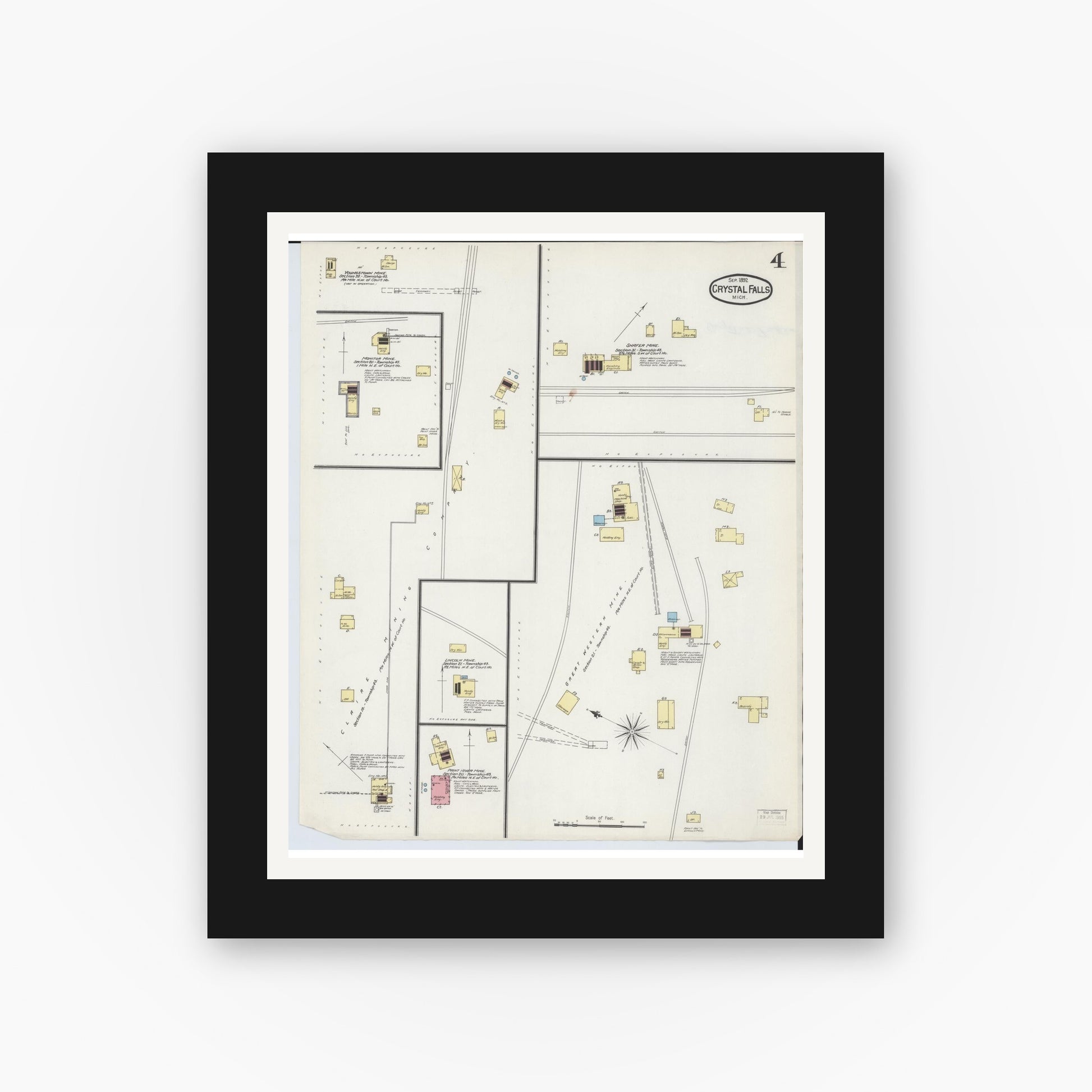 Old map wall art mockup — black gallery frame with white mat — Sanborn Fire Insurance Map from Crystal Falls, Iron County, Michigan (1892), Sheet #0004