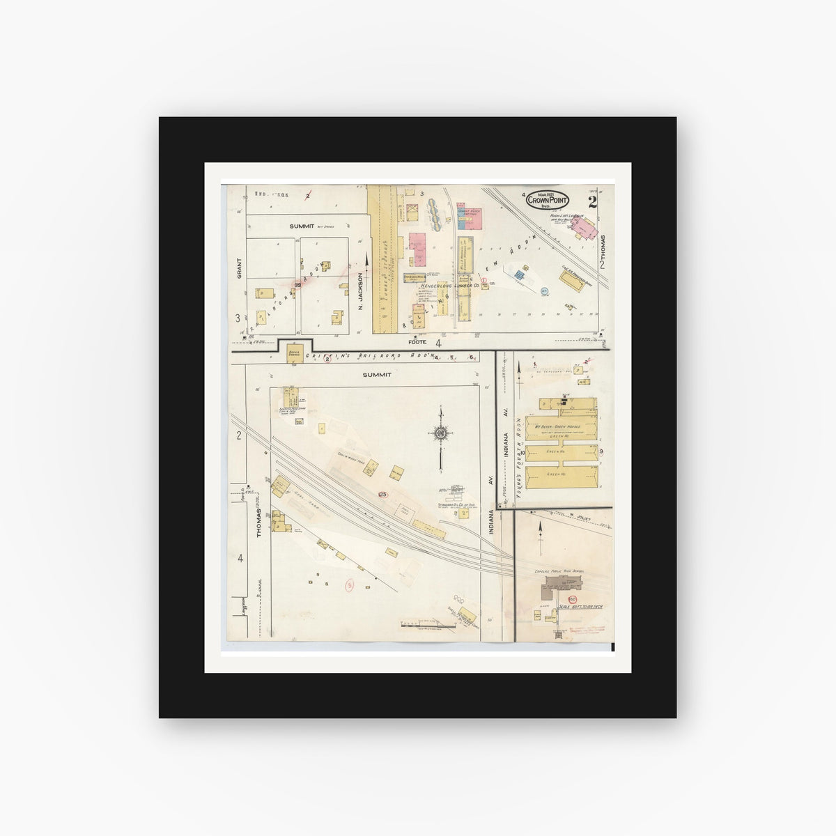 Old map wall art mockup — black gallery frame with white mat — Sanborn Fire Insurance Map from Crown Point, Lake County, Indiana (1948), Sheet #0002