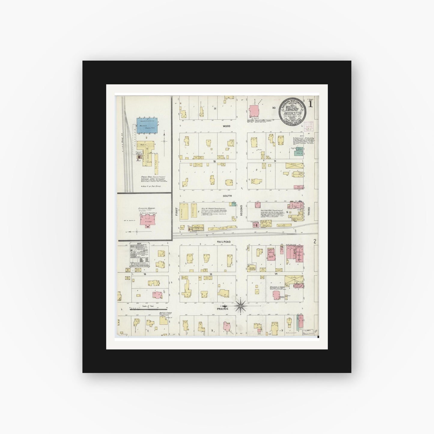 Old map wall art mockup — black gallery frame with white mat — Sanborn Fire Insurance Map from Brookston, White County, Indiana (1907), Sheet #0001