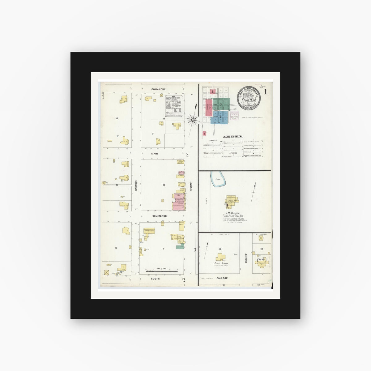 Old map wall art mockup — black gallery frame with white mat — Sanborn Fire Insurance Map from Fairfield, Freestone County, Texas (1907) - Complete Map Set