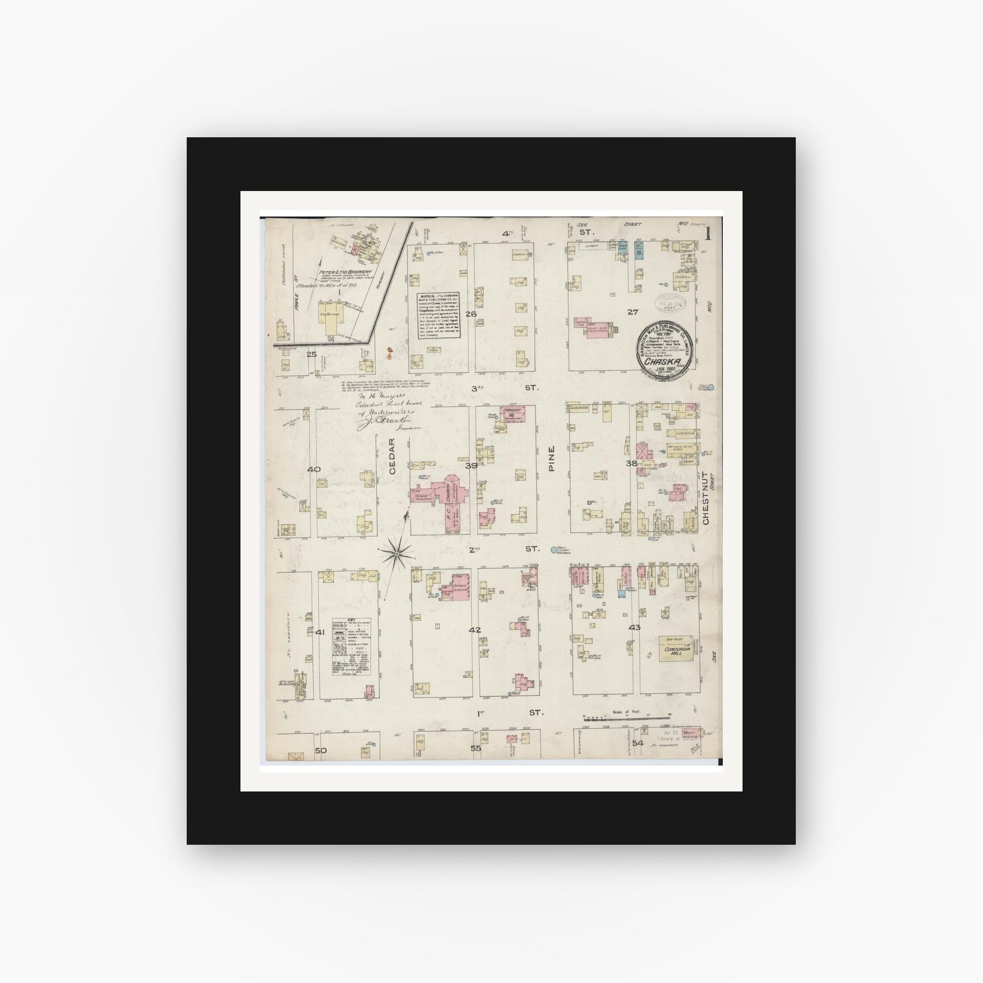 Old map wall art mockup — black gallery frame with white mat — Sanborn Fire Insurance Map from Chaska, Carver County, Minnesota (1885), Sheet #0001