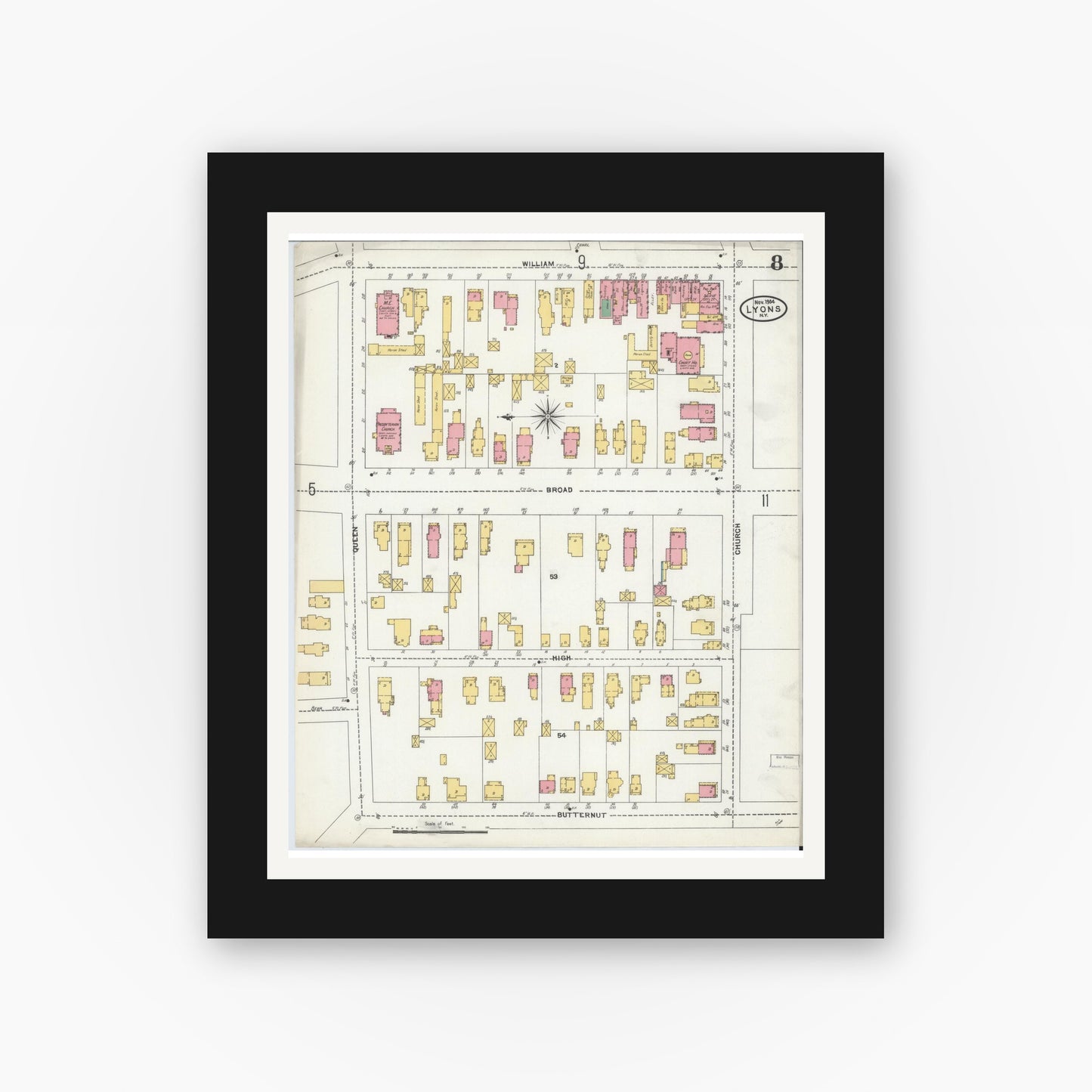 Old map wall art mockup — black gallery frame with white mat — Sanborn Fire Insurance Map from Lyons, Wayne County, New York (1904), Sheet #0008