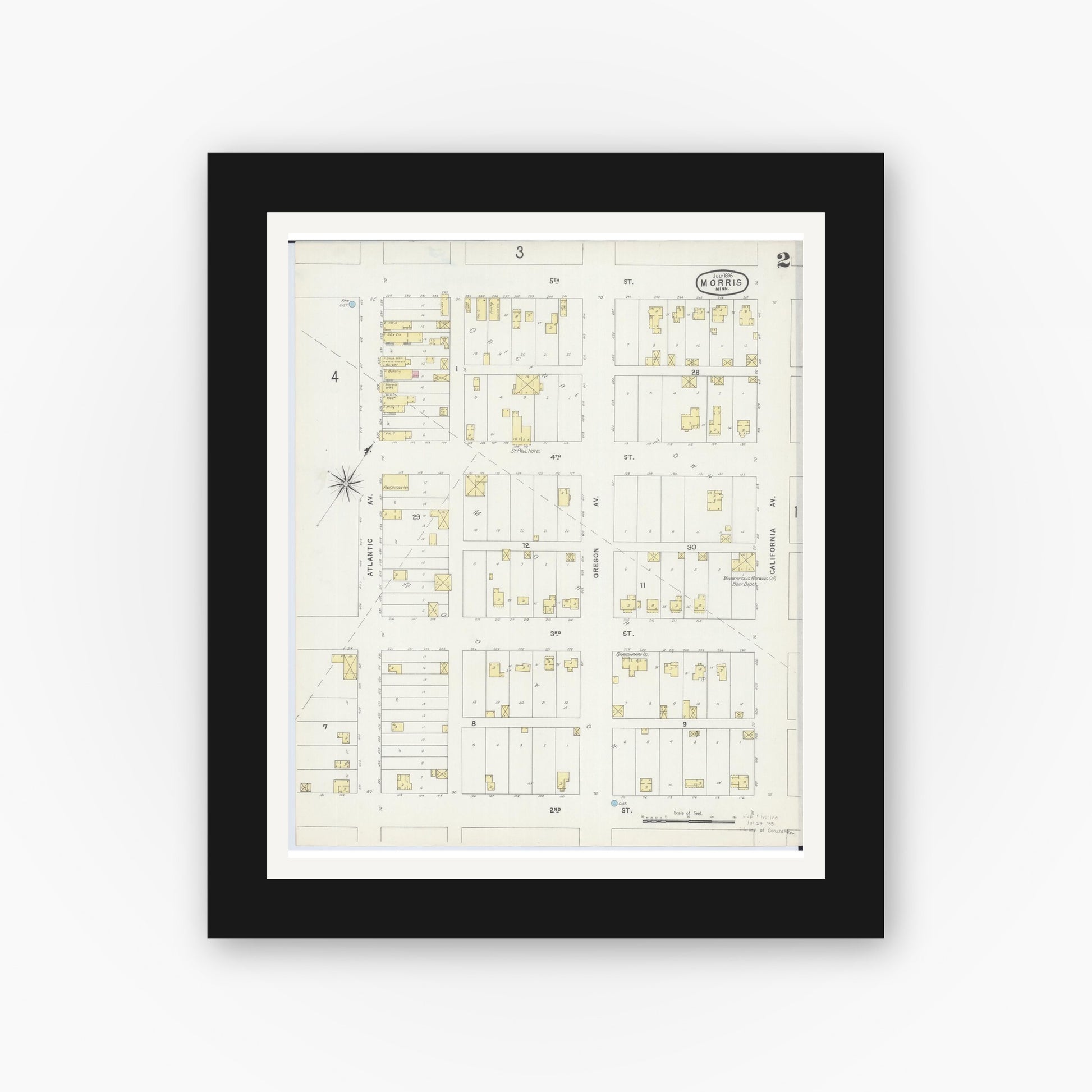 Old map wall art mockup — black gallery frame with white mat — Sanborn Fire Insurance Map from Morris, Stevens County, Minnesota (1896), Sheet #0002