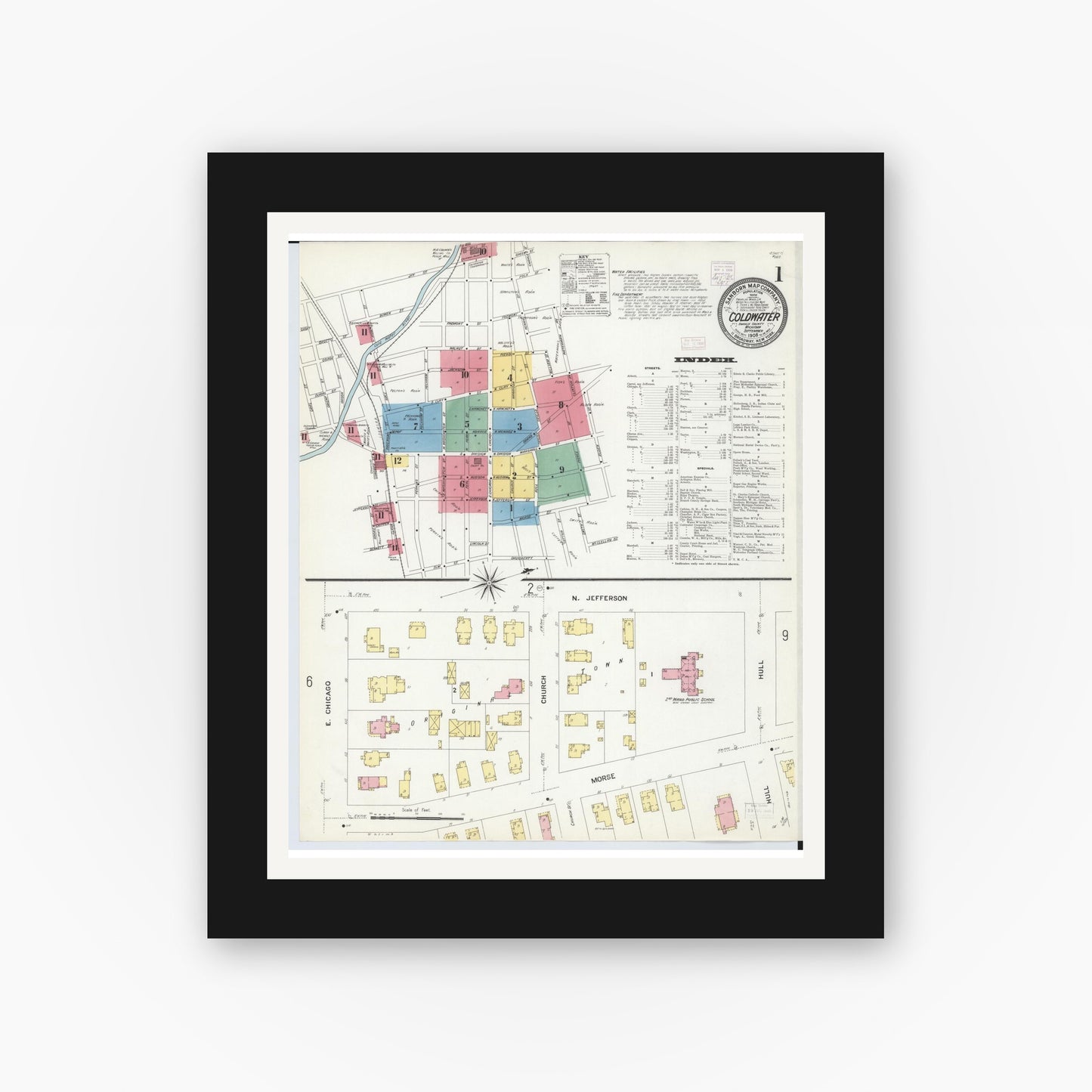 Old map wall art mockup — black gallery frame with white mat — Sanborn Fire Insurance Map from Coldwater, Branch County, Michigan (1908) - Complete Map Set