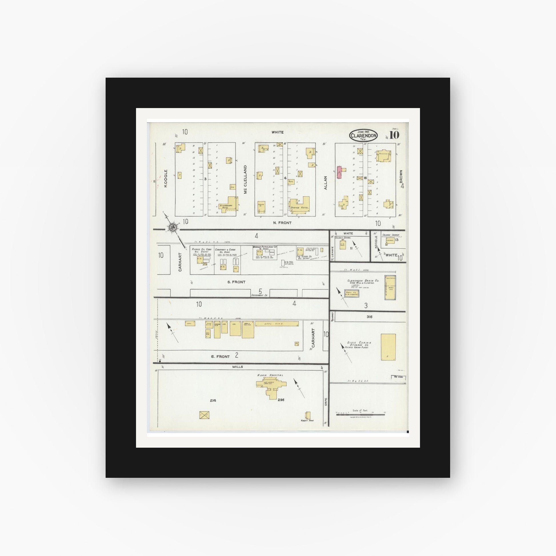 Old map wall art mockup — black gallery frame with white mat — Sanborn Fire Insurance Map from Clarendon, Donley County, Texas (1921), Sheet #0010