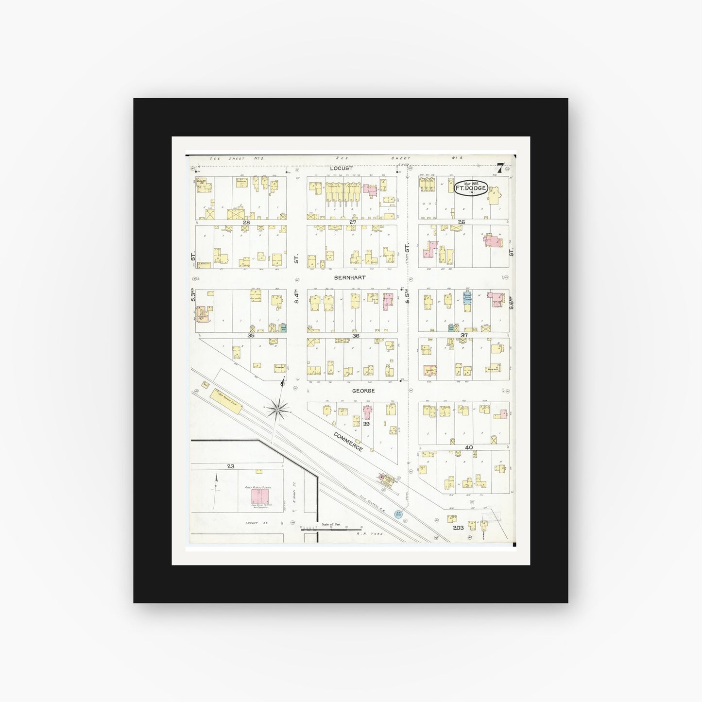 Old map wall art mockup — black gallery frame with white mat — Sanborn Fire Insurance Map from Fort Dodge, Webster County, Iowa (1892), Sheet #0007