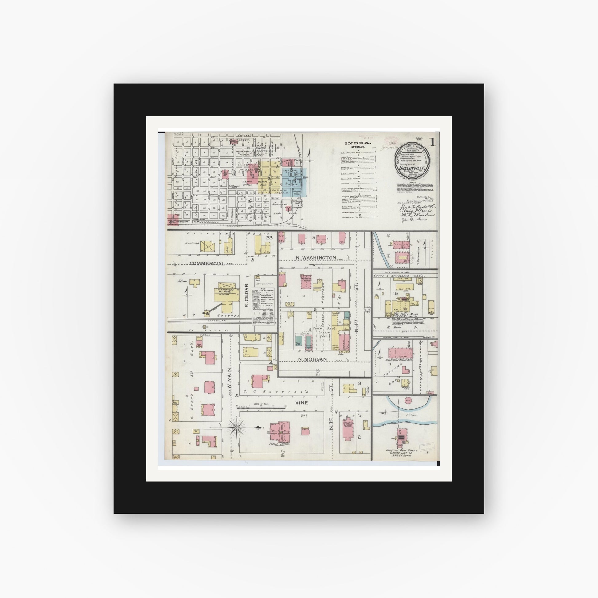 Old map wall art mockup — black gallery frame with white mat — Sanborn Fire Insurance Map from Shelbyville, Shelby County, Illinois (1893), Sheet #0001