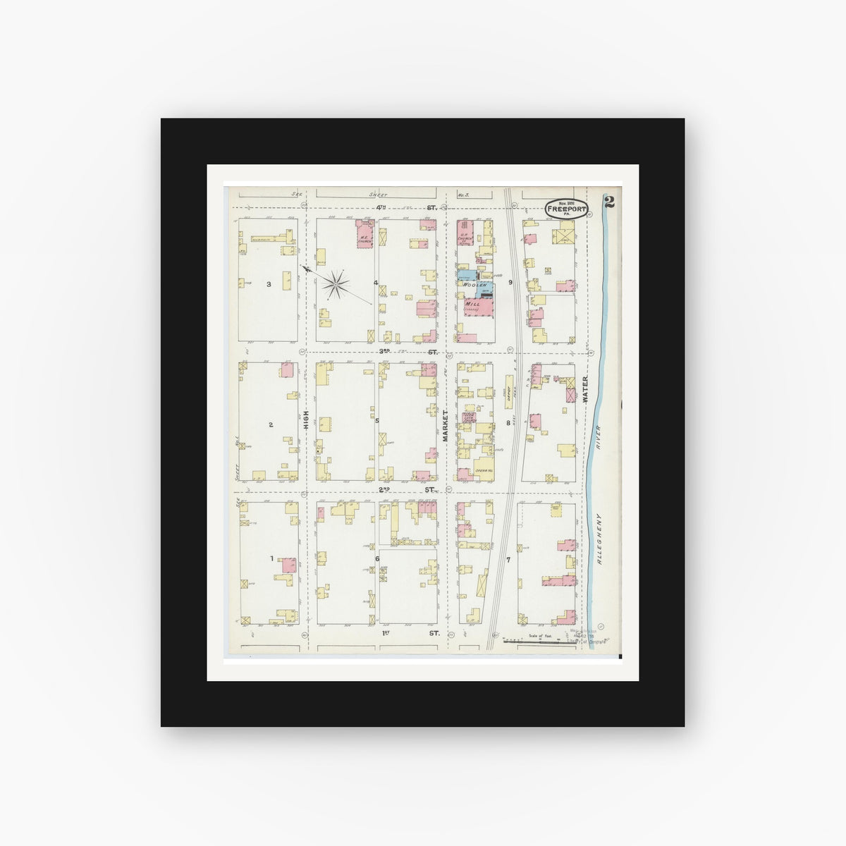 Old map wall art mockup — black gallery frame with white mat — Sanborn Fire Insurance Map from Freeport, Armstrong County, Pennsylvania (1891), Sheet #0002