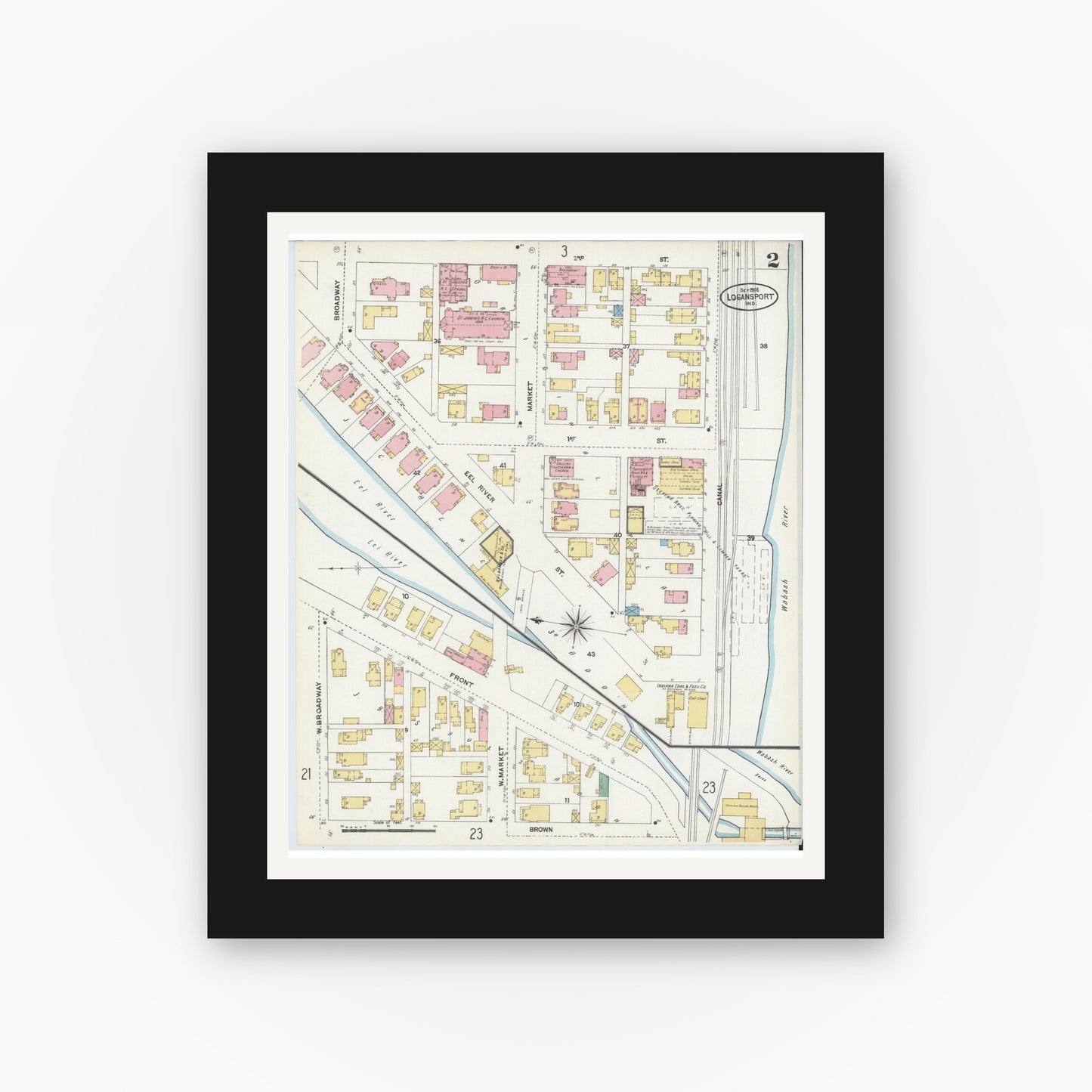 Old map wall art mockup — black gallery frame with white mat — Sanborn Fire Insurance Map from Logansport, Cass County, Indiana (1906), Sheet #0002