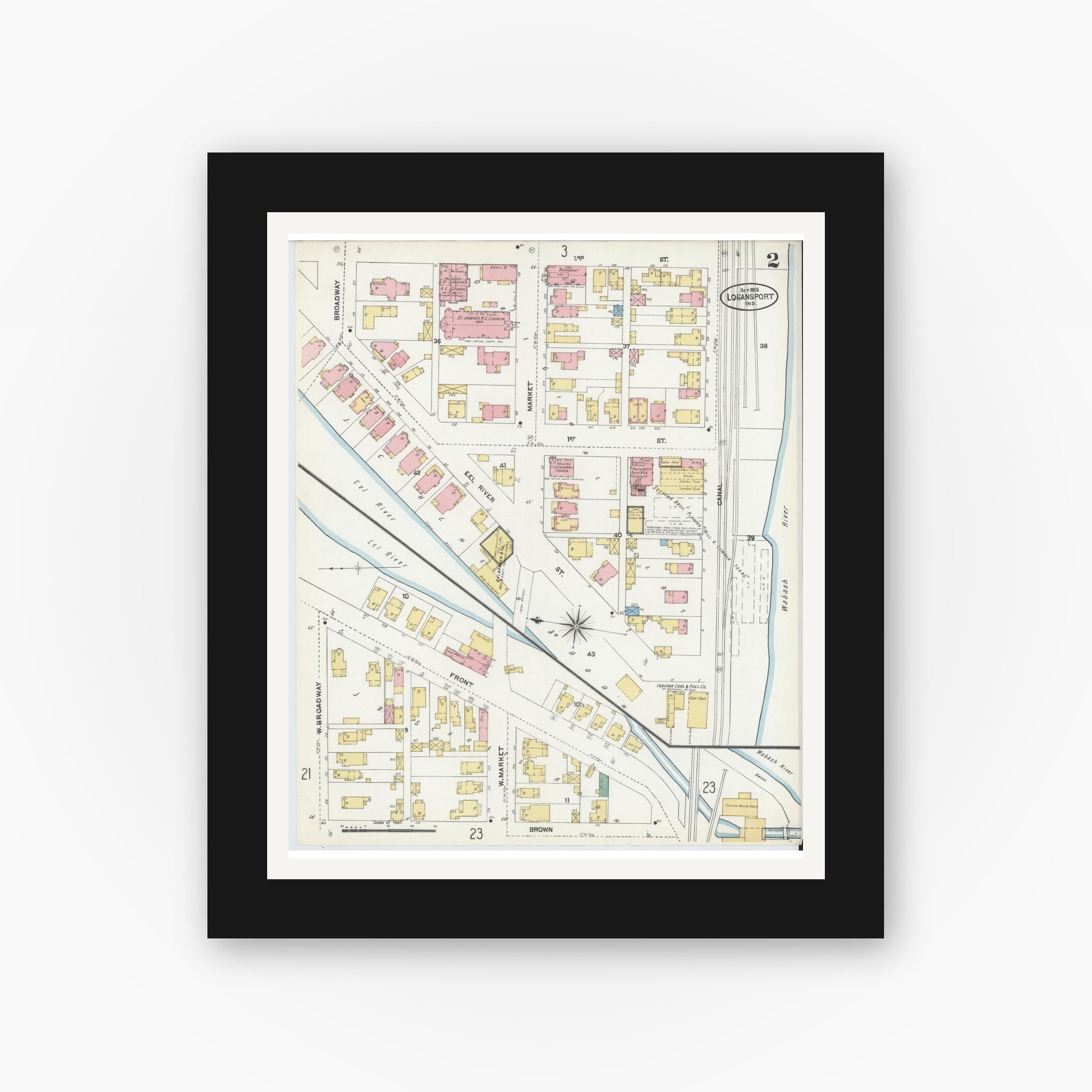 Old map wall art mockup — black gallery frame with white mat — Sanborn Fire Insurance Map from Logansport, Cass County, Indiana (1906), Sheet #0002