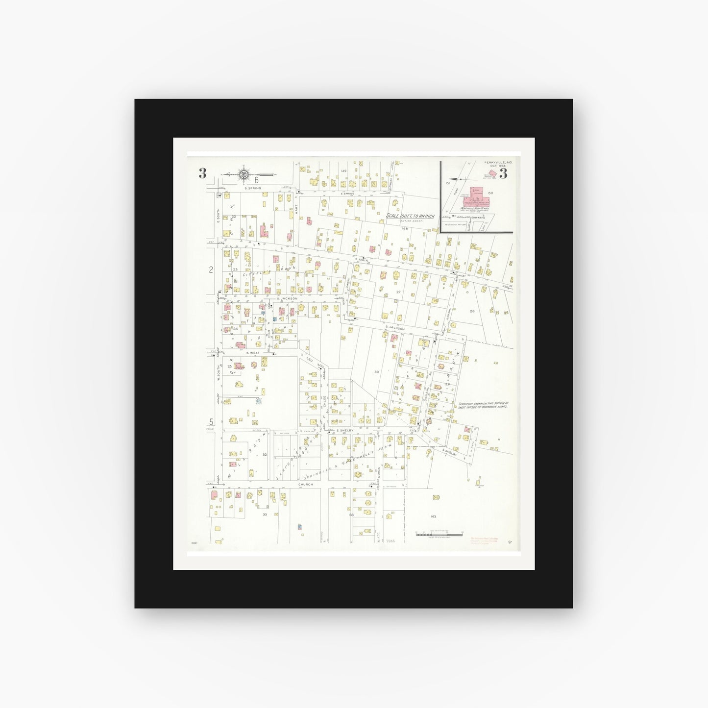 Old map wall art mockup — black gallery frame with white mat — Sanborn Fire Insurance Map from Perryville, Perry County, Missouri (1938), Sheet #0003