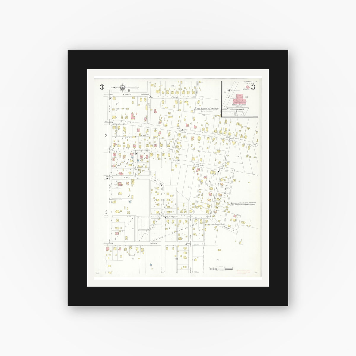 Old map wall art mockup — black gallery frame with white mat — Sanborn Fire Insurance Map from Perryville, Perry County, Missouri (1938), Sheet #0003