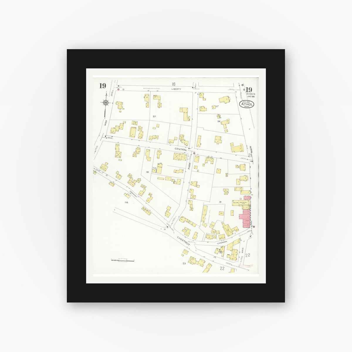 Old map wall art mockup — black gallery frame with white mat — Sanborn Fire Insurance Map from Athol, Worcester County, Massachusetts (1936), Sheet #0019