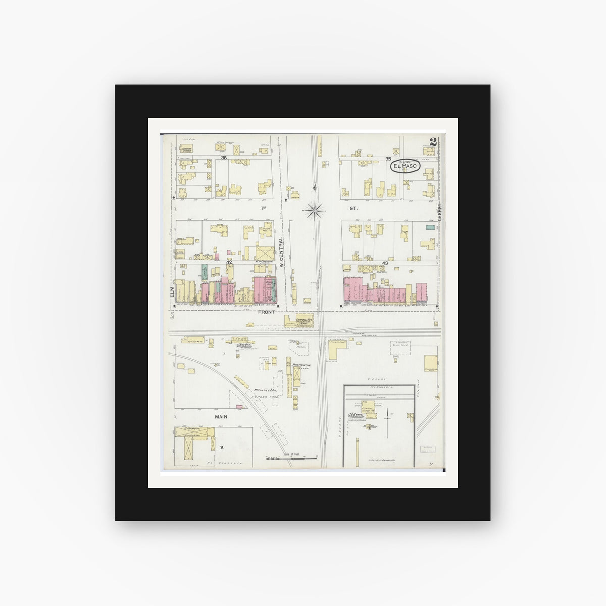 Old map wall art mockup — black gallery frame with white mat — Sanborn Fire Insurance Map from El Paso, Woodford County, Illinois (1892), Sheet #0002