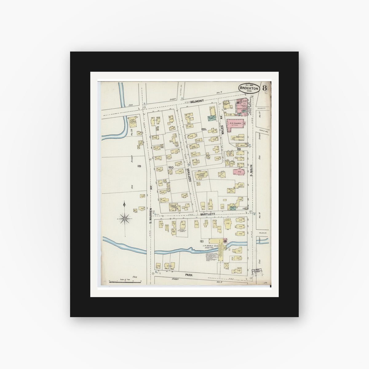 Old map wall art mockup — black gallery frame with white mat — Sanborn Fire Insurance Map from Brockton, Plymouth County, Massachusetts (1889), Sheet #0008