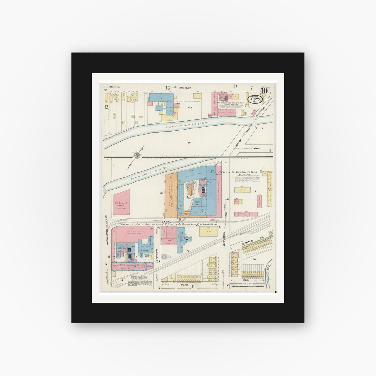 Old map wall art mockup — black gallery frame with white mat — Sanborn Fire Insurance Map from Bristol, Bucks County, Pennsylvania (1915), Sheet #0010