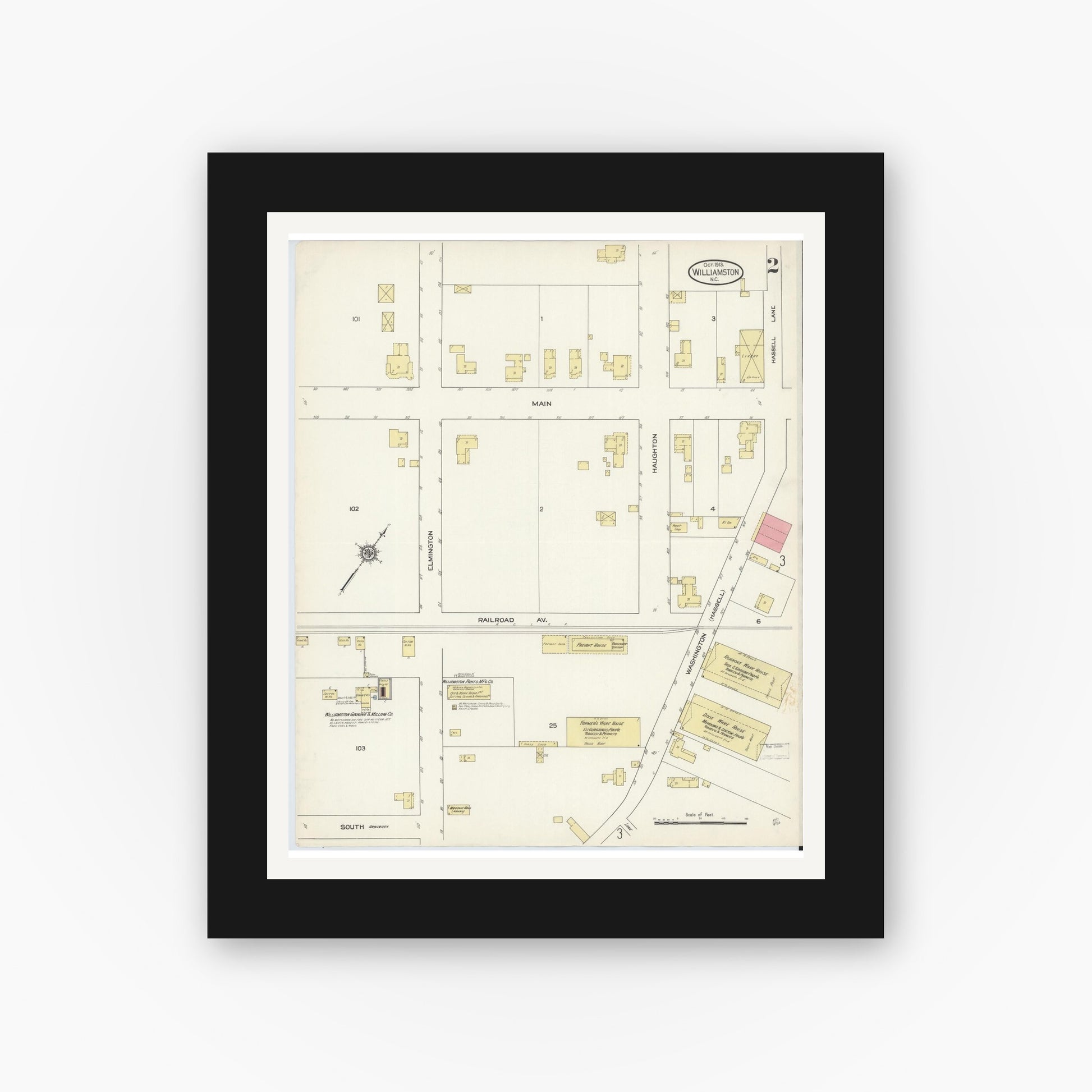 Old map wall art mockup — black gallery frame with white mat — Sanborn Fire Insurance Map from Williamston, Martin County, North Carolina (1913), Sheet #0002