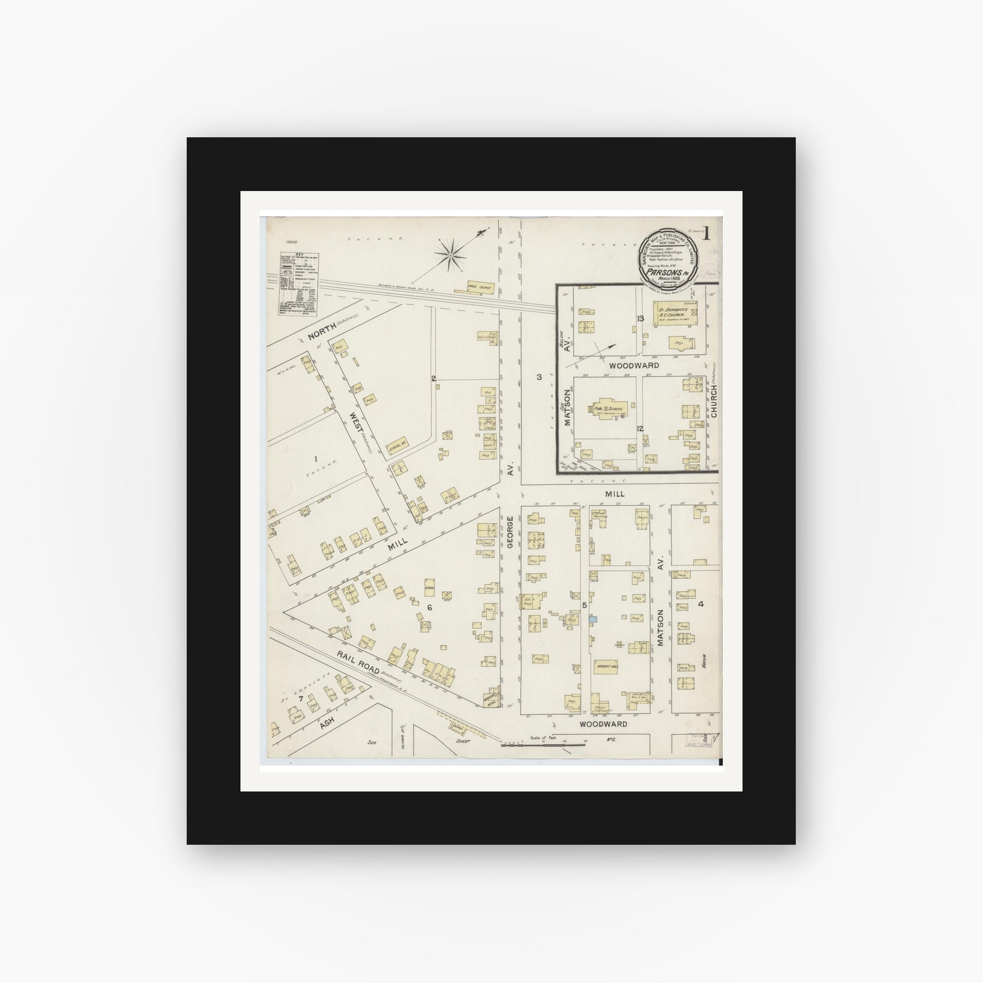 Old map wall art mockup — black gallery frame with white mat — Sanborn Fire Insurance Map from Parsons, Luzerne County, Pennsylvania (1888) - Complete Map Set
