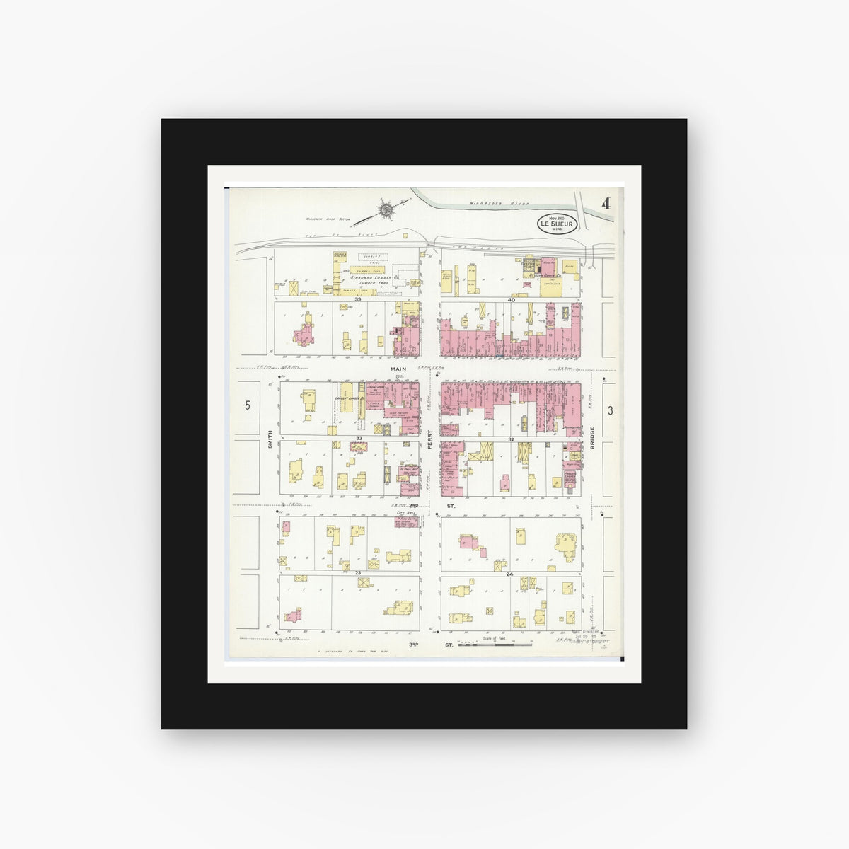 Old map wall art mockup — black gallery frame with white mat — Sanborn Fire Insurance Map from Le Sueur, Le Sueur County, Minnesota (1910), Sheet #0004