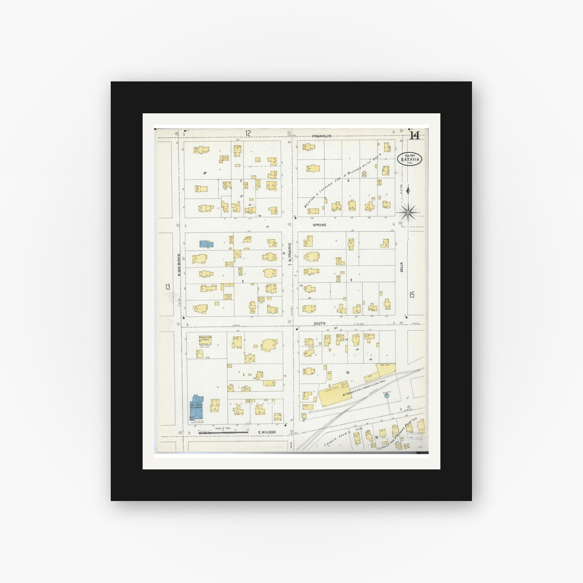 Old map wall art mockup — black gallery frame with white mat — Sanborn Fire Insurance Map from Batavia, Kane County, Illinois (1907), Sheet #0014