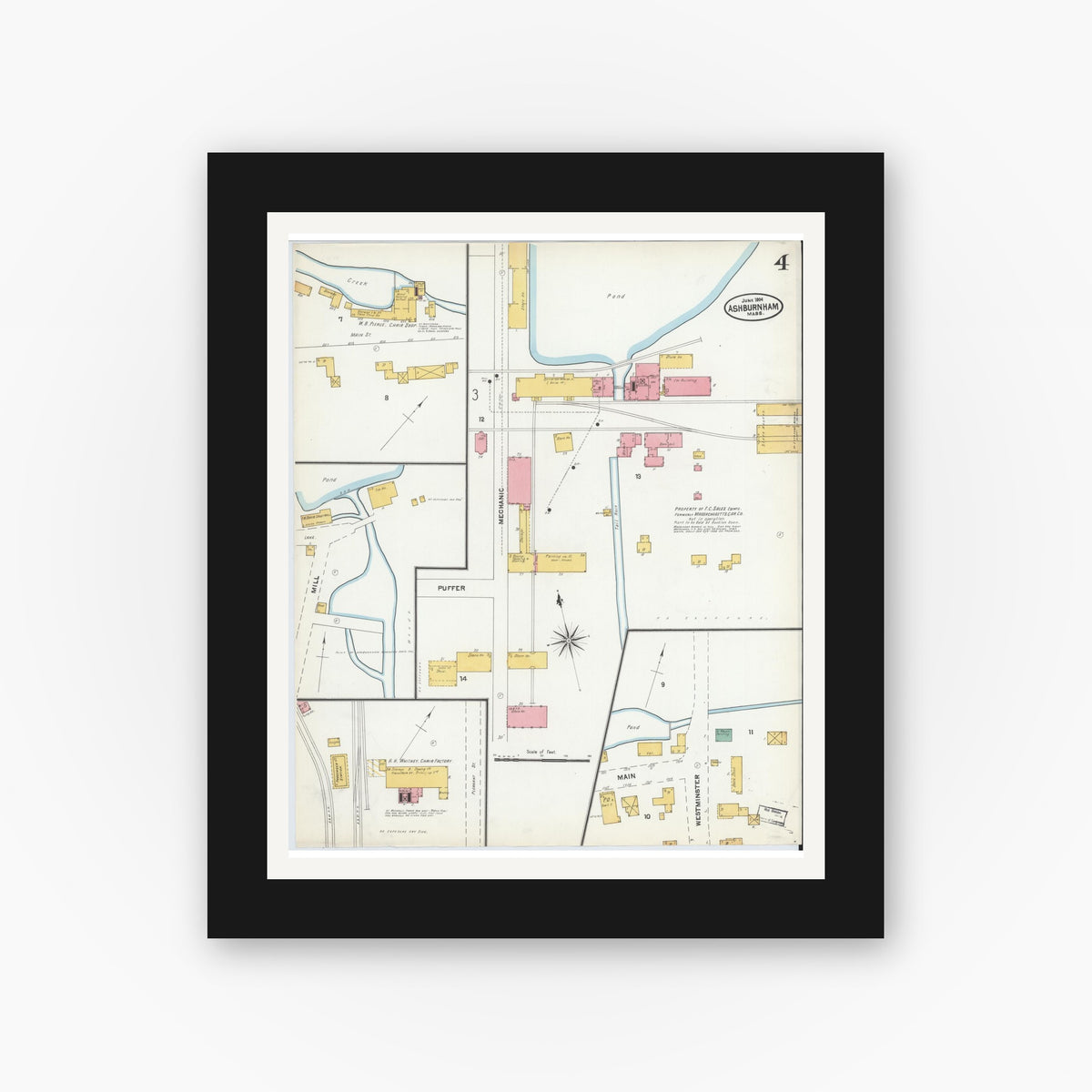 Old map wall art mockup — black gallery frame with white mat — Sanborn Fire Insurance Map from Ashburnham, Worcester County, Massachusetts (1904), Sheet #0004