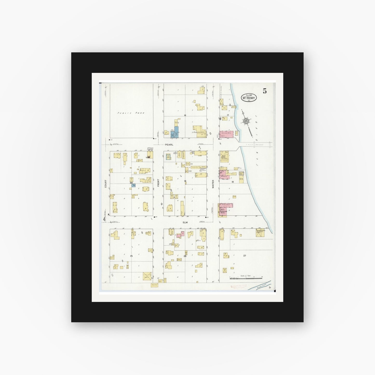 Old map wall art mockup — black gallery frame with white mat — Sanborn Fire Insurance Map from McHenry, McHenry County, Illinois (1912), Sheet #0005