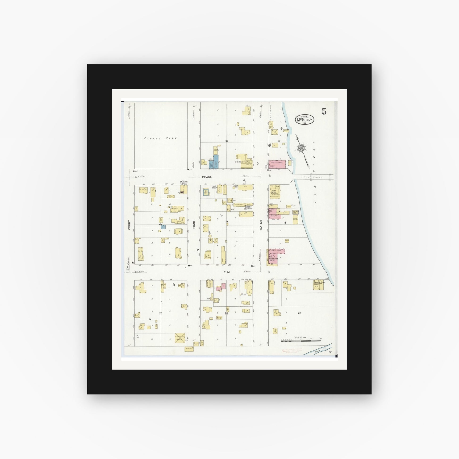 Old map wall art mockup — black gallery frame with white mat — Sanborn Fire Insurance Map from McHenry, McHenry County, Illinois (1912), Sheet #0005