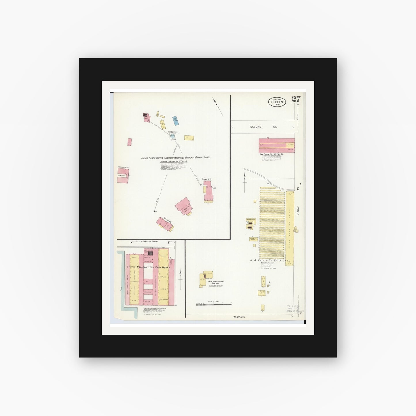 Old map wall art mockup — black gallery frame with white mat — Sanborn Fire Insurance Map from Tiffin, Seneca County, Ohio (1908), Sheet #0027