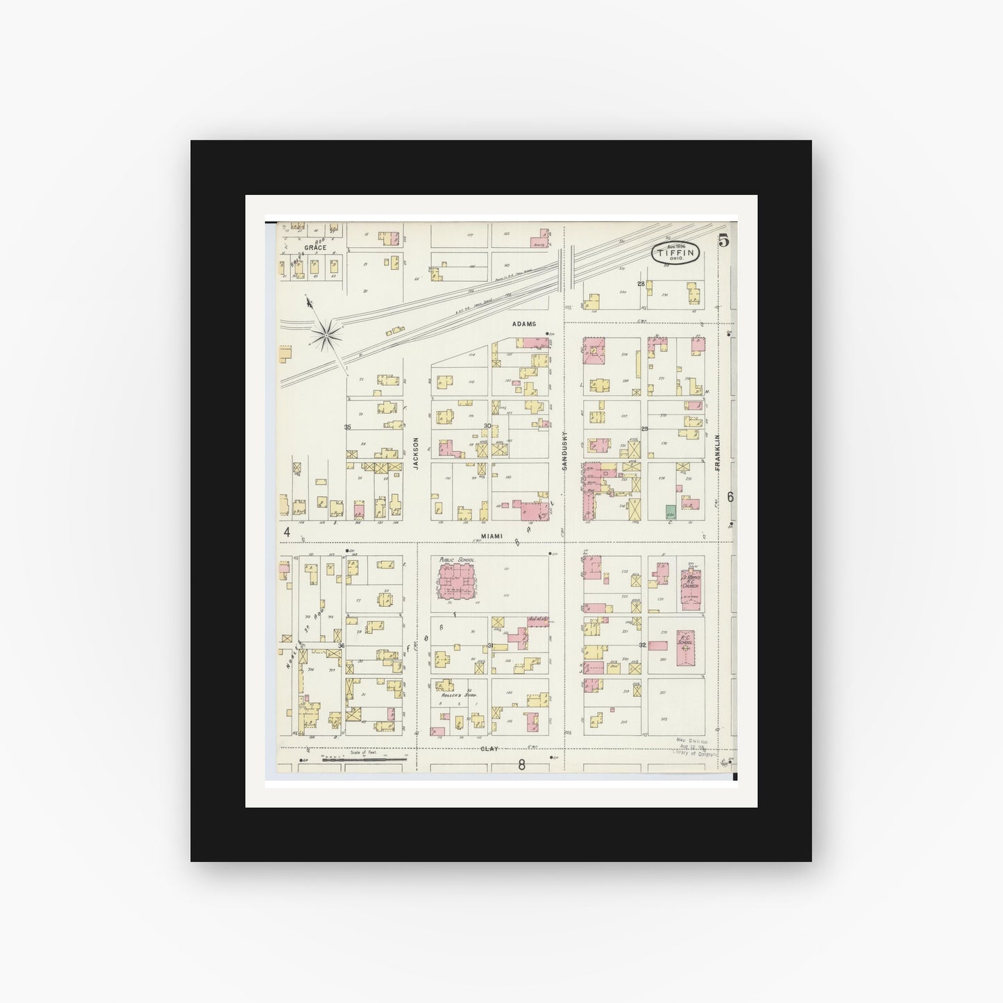Old map wall art mockup — black gallery frame with white mat — Sanborn Fire Insurance Map from Tiffin, Seneca County, Ohio (1896), Sheet #0005