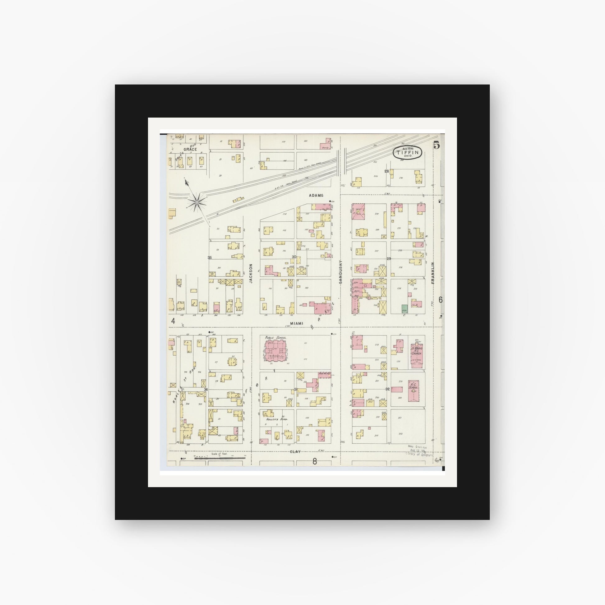 Old map wall art mockup — black gallery frame with white mat — Sanborn Fire Insurance Map from Tiffin, Seneca County, Ohio (1896), Sheet #0005