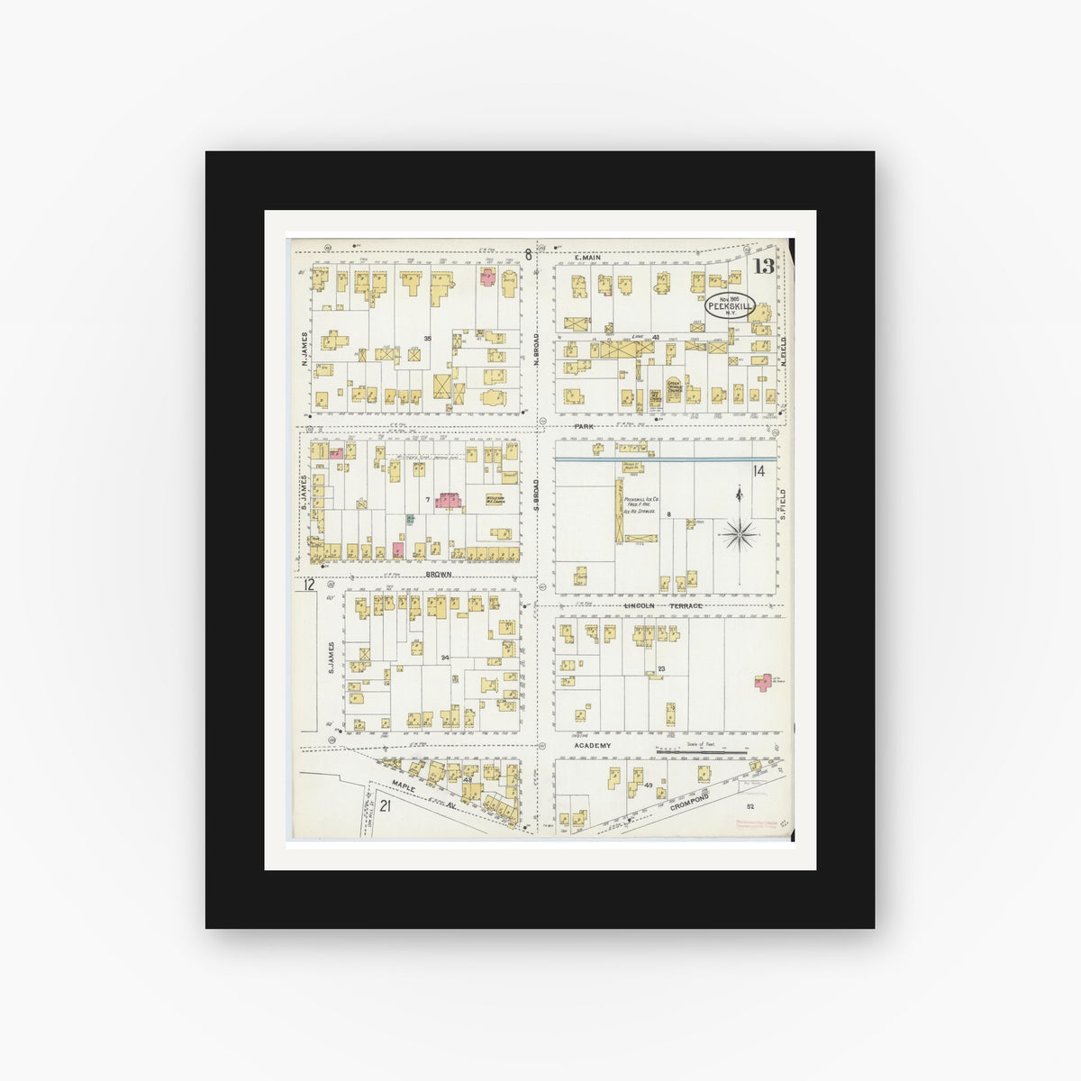 Old map wall art mockup — black gallery frame with white mat — Sanborn Fire Insurance Map from Peekskill, Westchester County, New York (1905), Sheet #0013