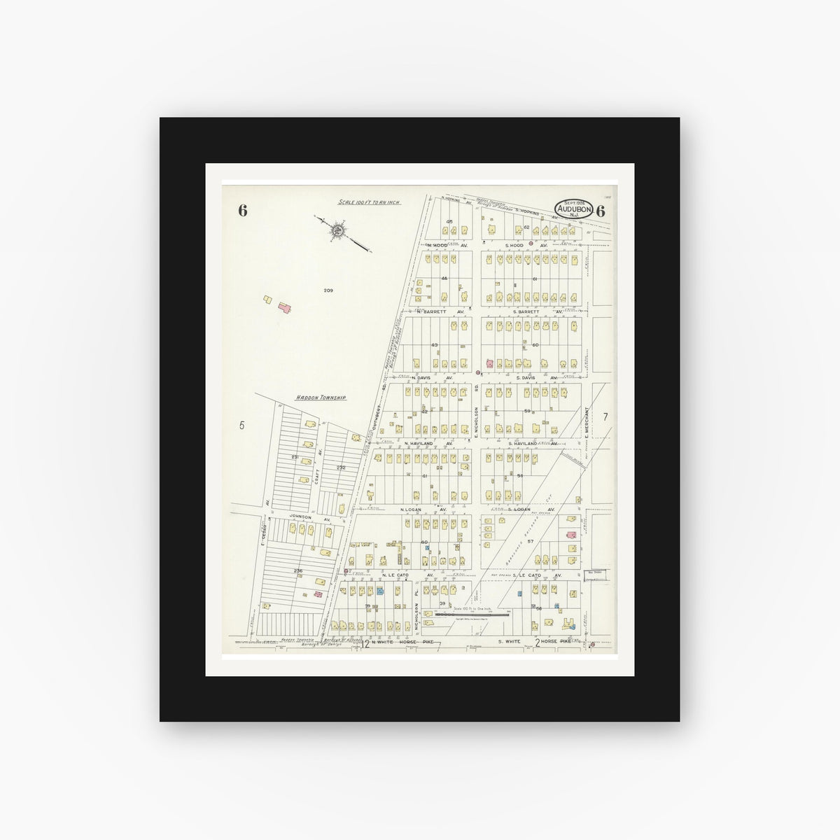 Old map wall art mockup — black gallery frame with white mat — Sanborn Fire Insurance Map from Audubon, Camden County, New Jersey (1924), Sheet #0006
