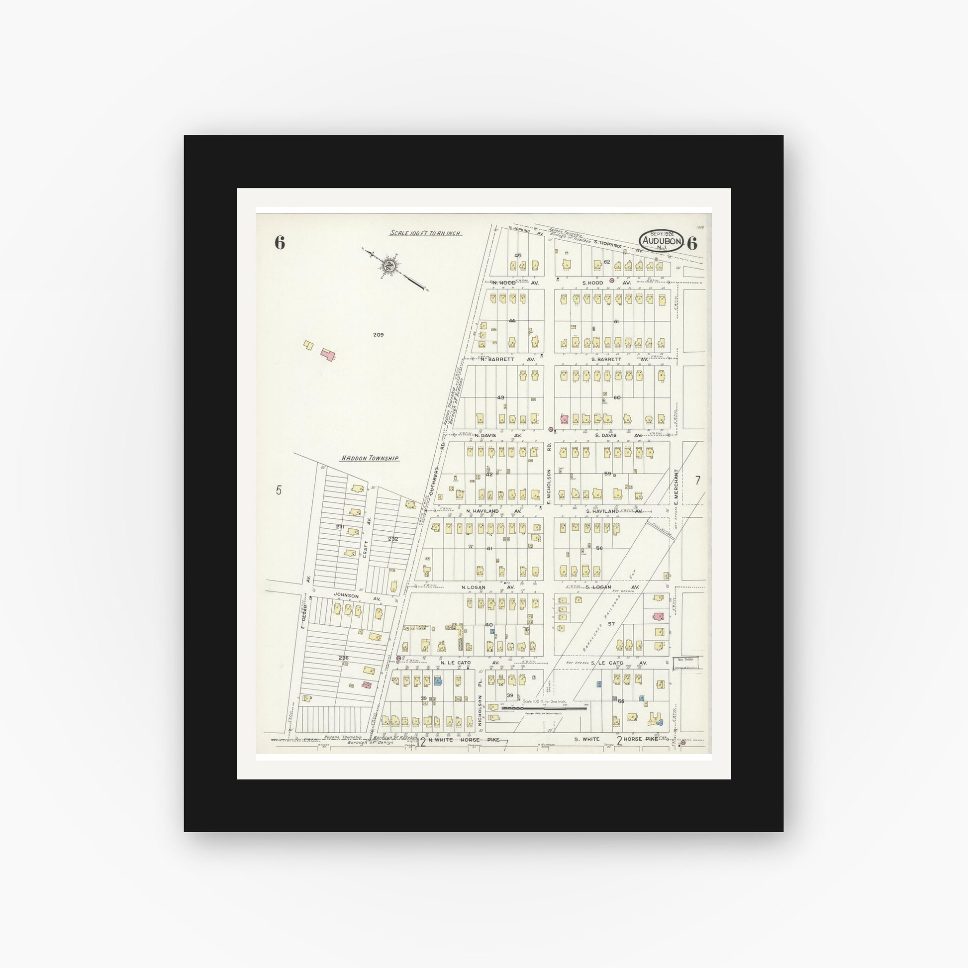 Old map wall art mockup — black gallery frame with white mat — Sanborn Fire Insurance Map from Audubon, Camden County, New Jersey (1924), Sheet #0006