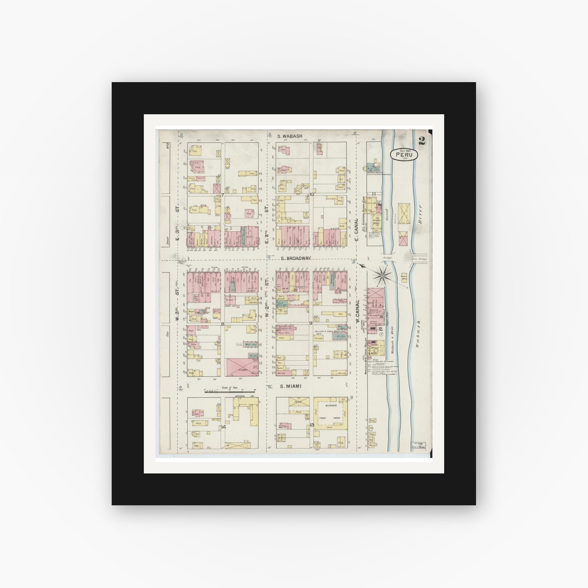 Old map wall art mockup — black gallery frame with white mat — Sanborn Fire Insurance Map from Peru, Miami County, Indiana (1887), Sheet #0002